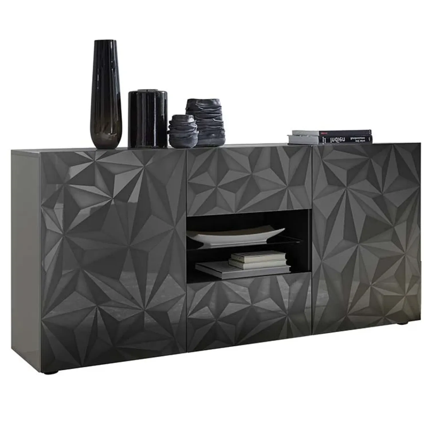 Garnero Arredamenti Madia 181x84h cm 2 ante 2 cassetti grigio lucido con serigrafia Marvis Antracite Clearance