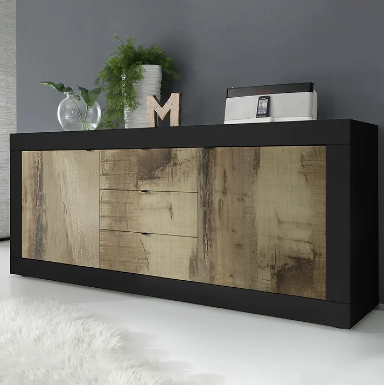 Garnero Arredamenti Madia 210x86h cm 2 ante 3 cassetti moderna nero pero Eternity Rovere - Nero opaco