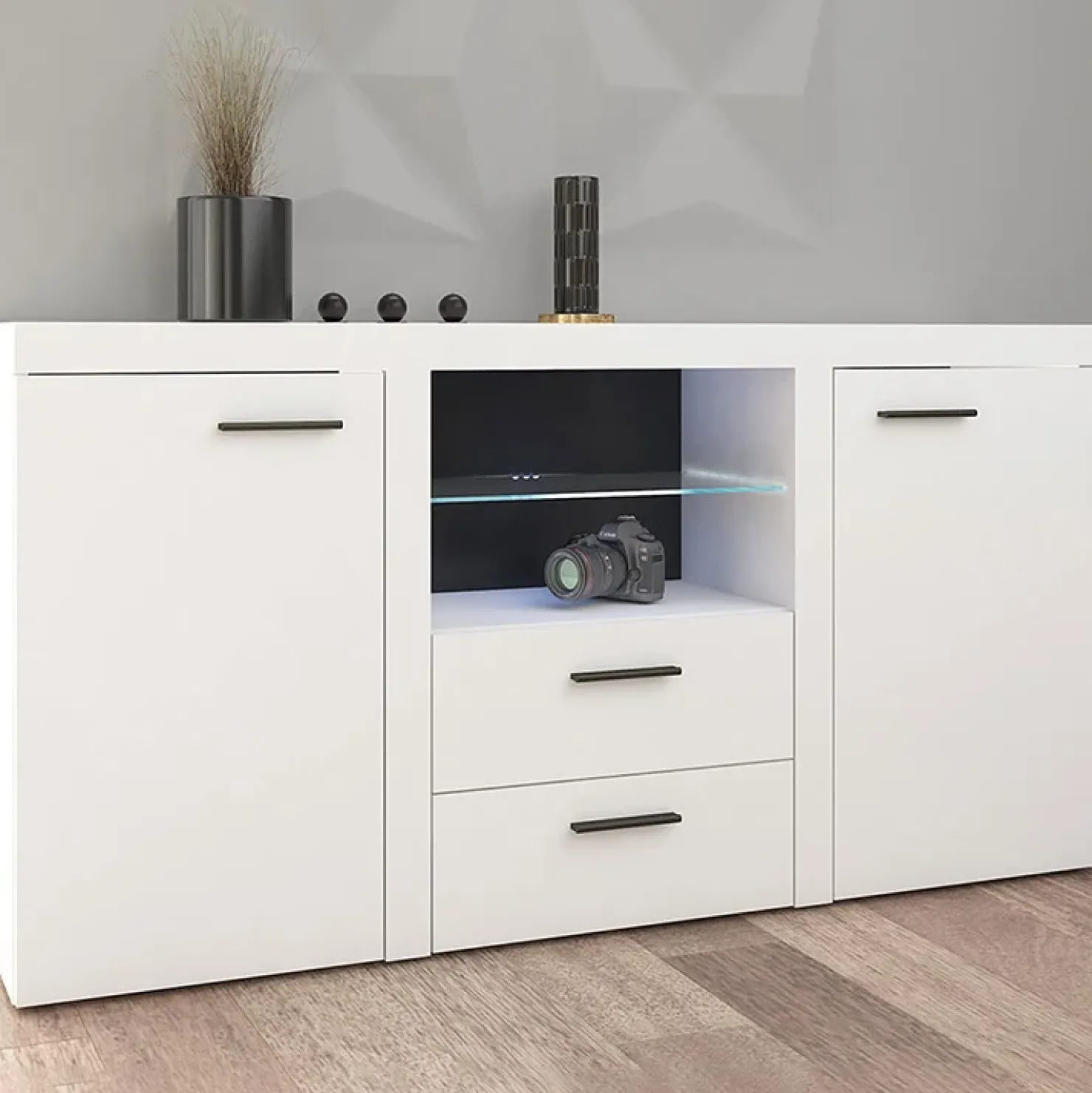 Garnero Arredamenti Madia 157x82h cm 2 ante 2 cassetti moderna con led bianco Haarlem Bianco Opaco Hot