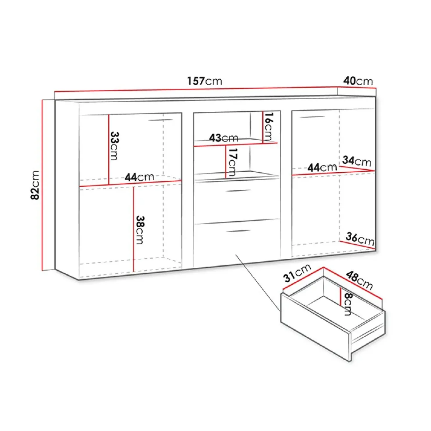 Garnero Arredamenti Madia 157x82h cm 2 ante 2 cassetti moderna con led bianco Haarlem Bianco Opaco Hot