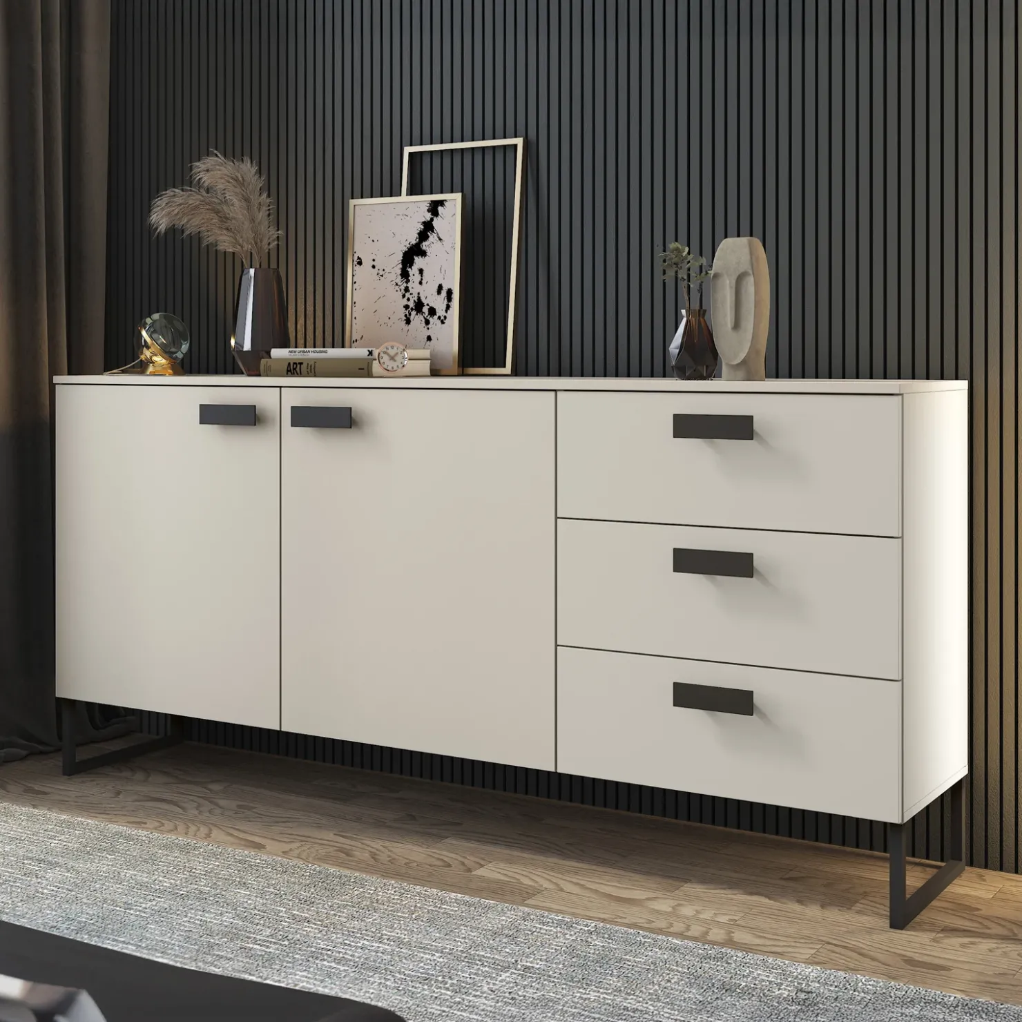 Garnero Arredamenti Madia 184x87h cm 2 ante 3 cassetti moderna beige cashmere nero Casmira Discount