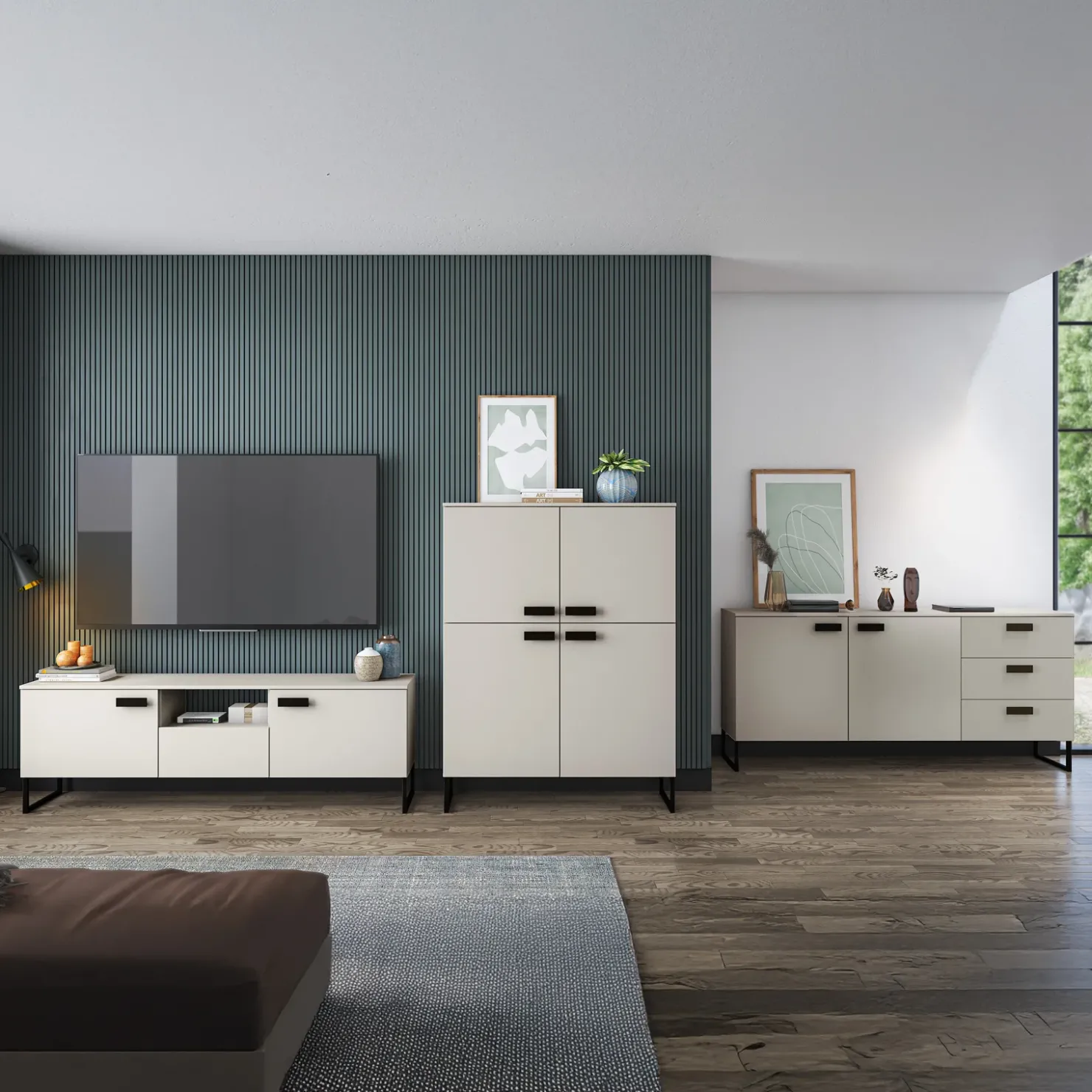 Garnero Arredamenti Madia 184x87h cm 2 ante 3 cassetti moderna beige cashmere nero Casmira Discount