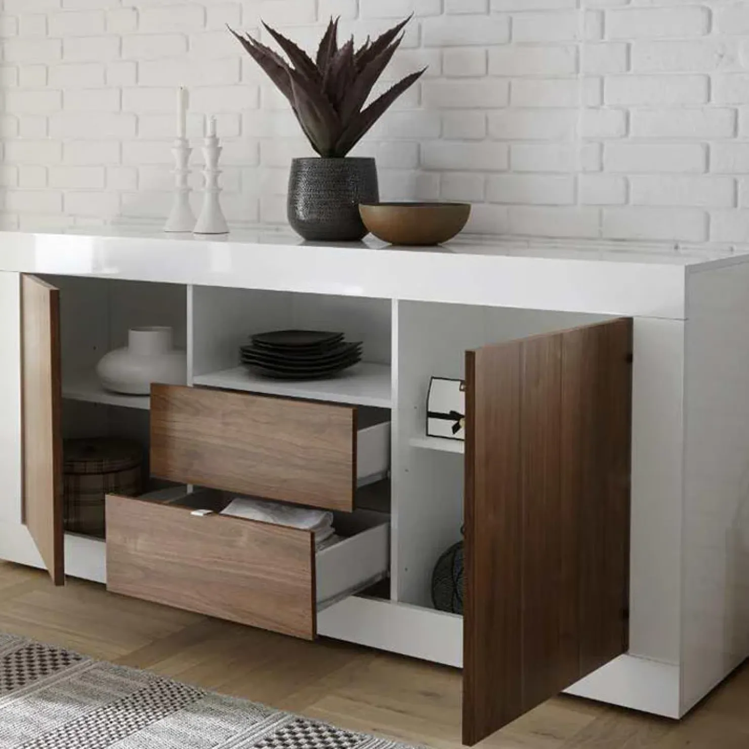 Garnero Arredamenti Madia 184x86h cm 2 ante 2 cassetti bianco lucido noce Florena Bianco Lucido - Noce Sale