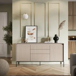 Garnero Arredamenti Madia 166x83h cm 2 ante 3 cassetti con led cannettato nero Camelia Beige