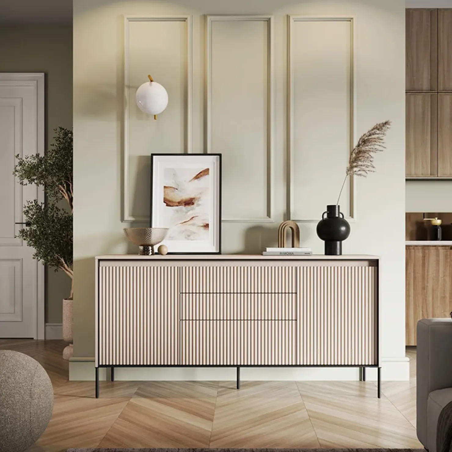 Garnero Arredamenti Madia 166x83h cm 2 ante 3 cassetti con led cannettato nero Camelia Beige