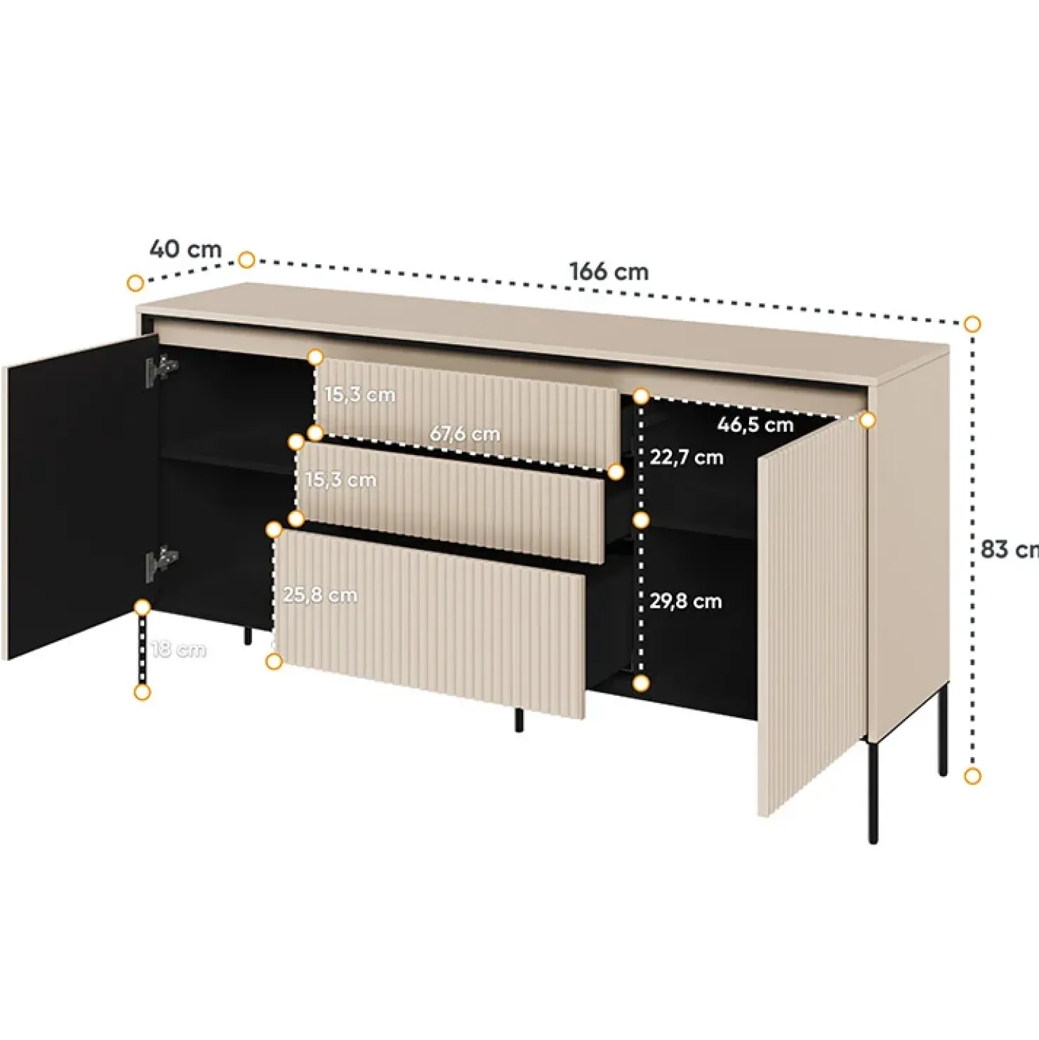 Garnero Arredamenti Madia 166x83h cm 2 ante 3 cassetti con led cannettato nero Camelia Beige