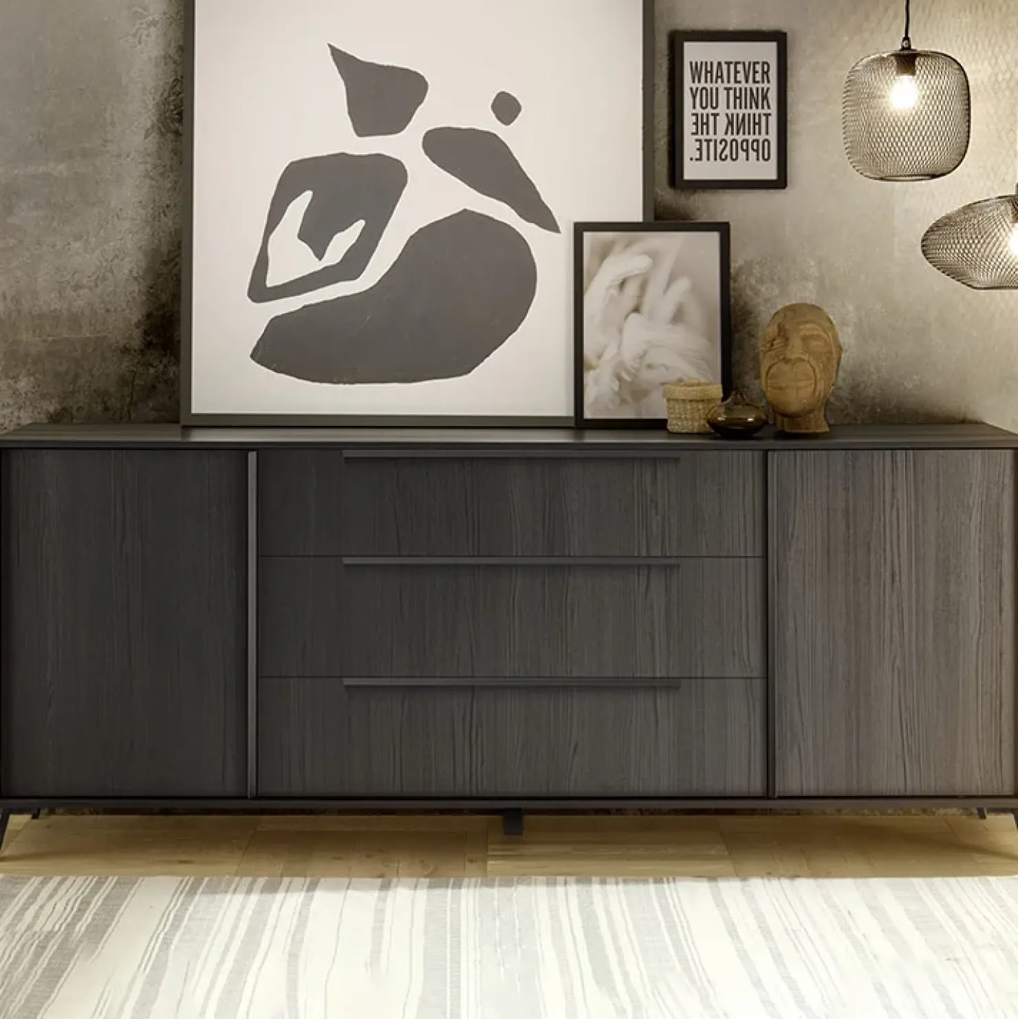 Garnero Arredamenti Madia 205x84h cm 2 ante 3 cassetti moderna soggiorno Tosca Nero Frassinato Sale