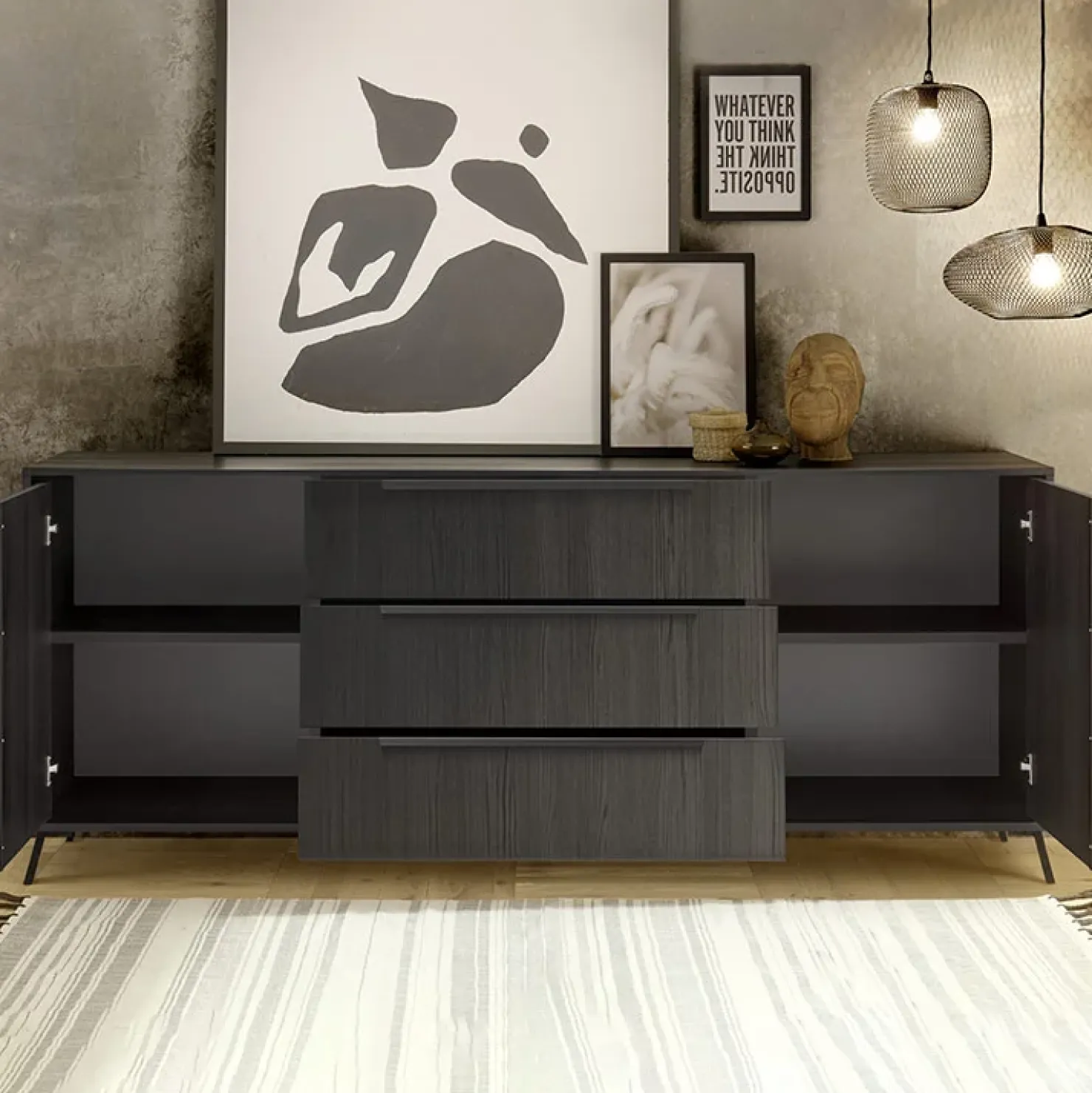 Garnero Arredamenti Madia 205x84h cm 2 ante 3 cassetti moderna soggiorno Tosca Nero Frassinato Sale