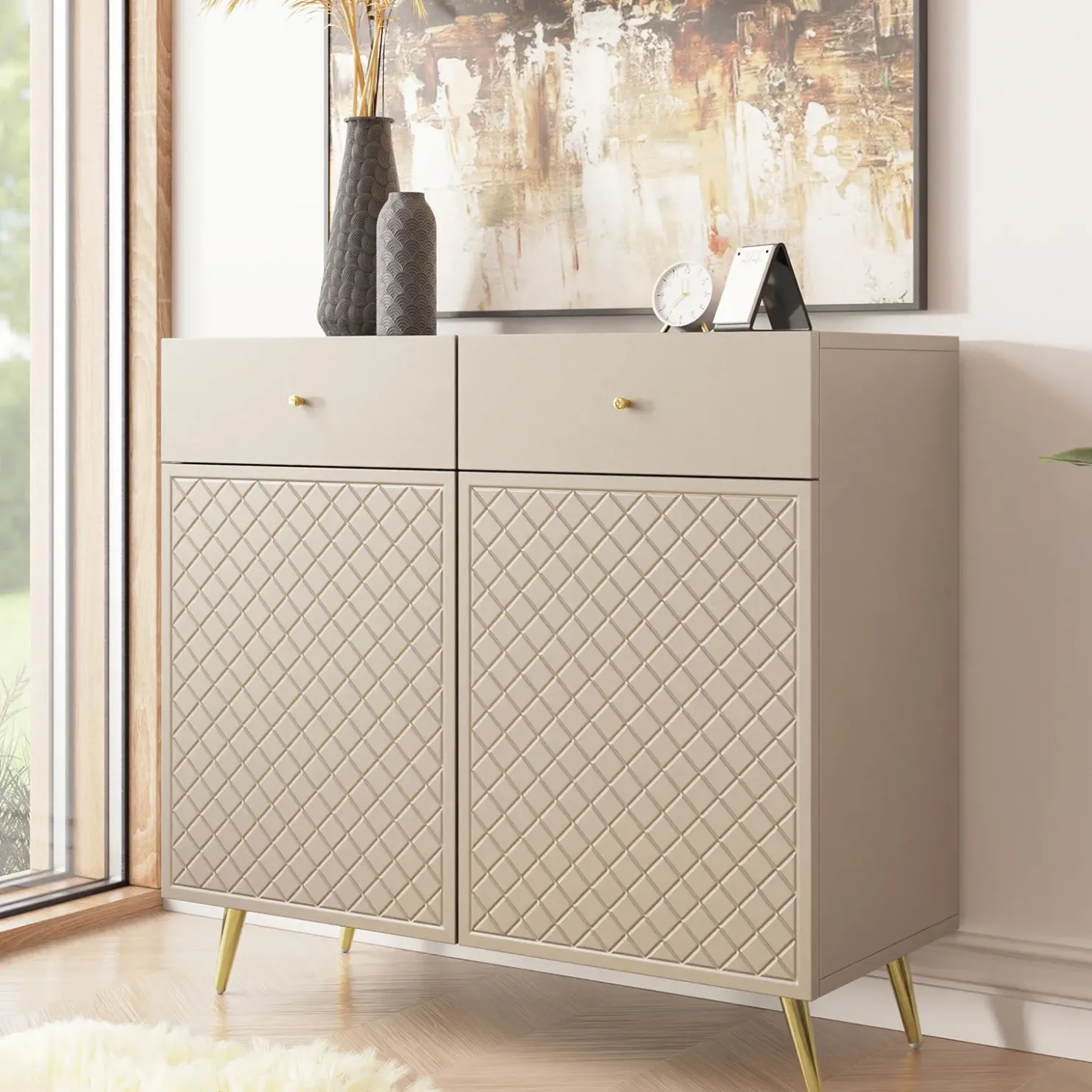 Garnero Arredamenti Madia 100x92h cm 2 ante 2 cassetti moderna con frontali decorati beige Simona Hot