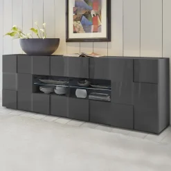 Garnero Arredamenti Madia 241x84h cm 2 ante 4 cassetti moderna grigio lucido Obsession Antracite Hot