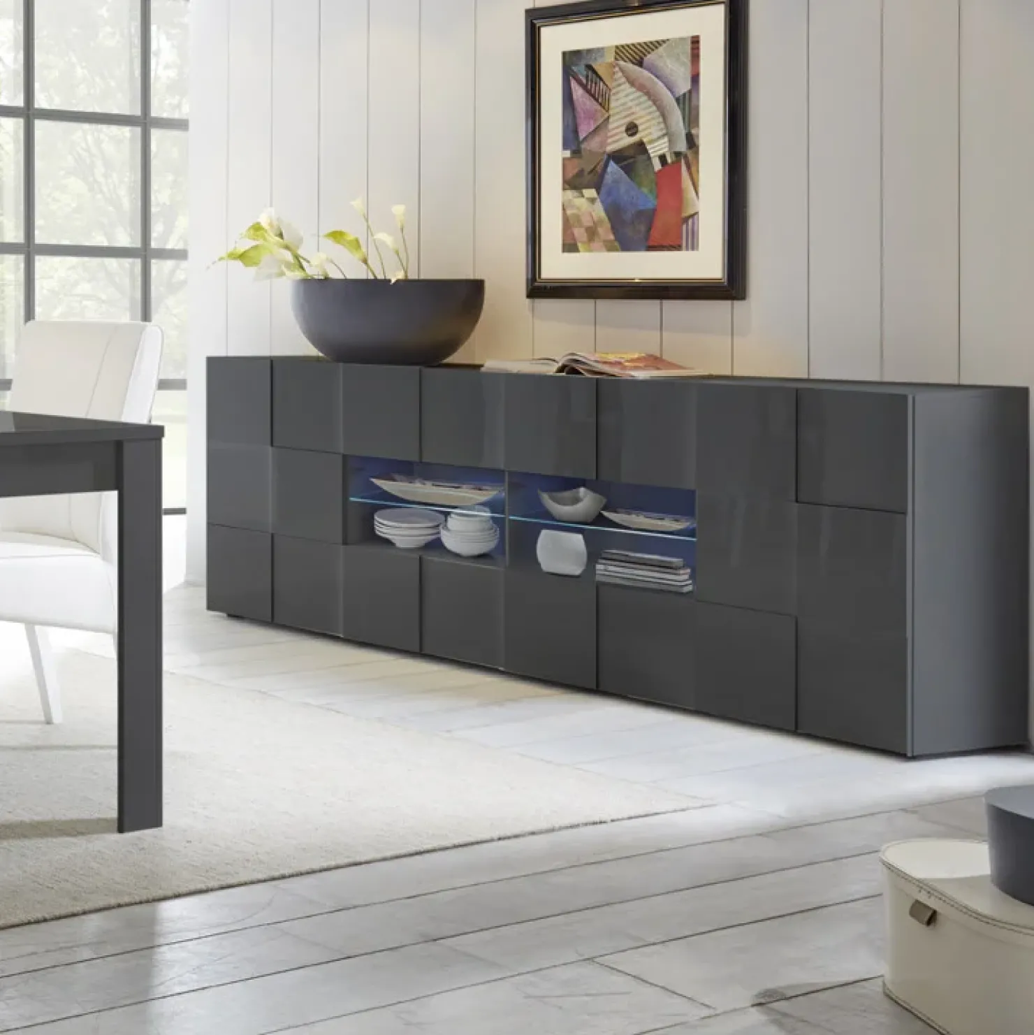 Garnero Arredamenti Madia 241x84h cm 2 ante 4 cassetti moderna grigio lucido Obsession Antracite Hot