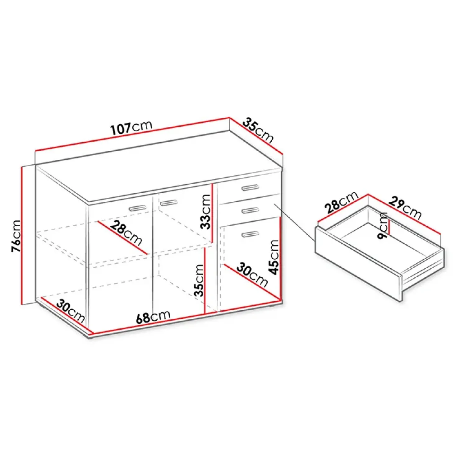 Garnero Arredamenti Madia 106x76h cm 3 ante 2 cassetti moderna bianco Ely New