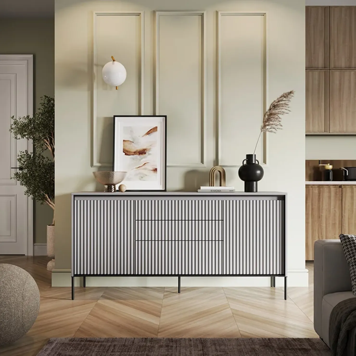 Garnero Arredamenti Madia 166x83h cm 2 ante 3 cassetti con led cannettato nero Camelia Grigio New