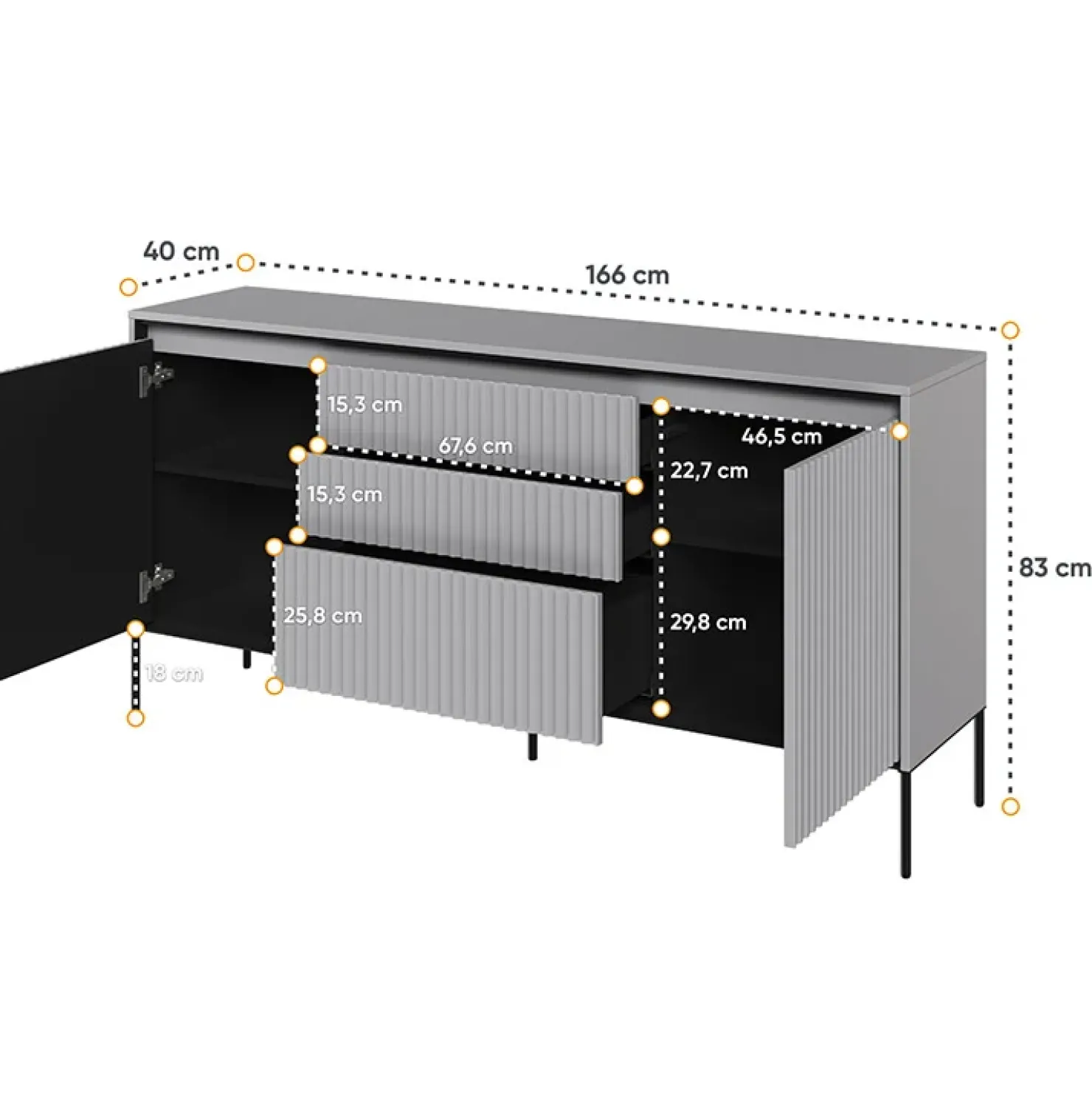 Garnero Arredamenti Madia 166x83h cm 2 ante 3 cassetti con led cannettato nero Camelia Grigio New