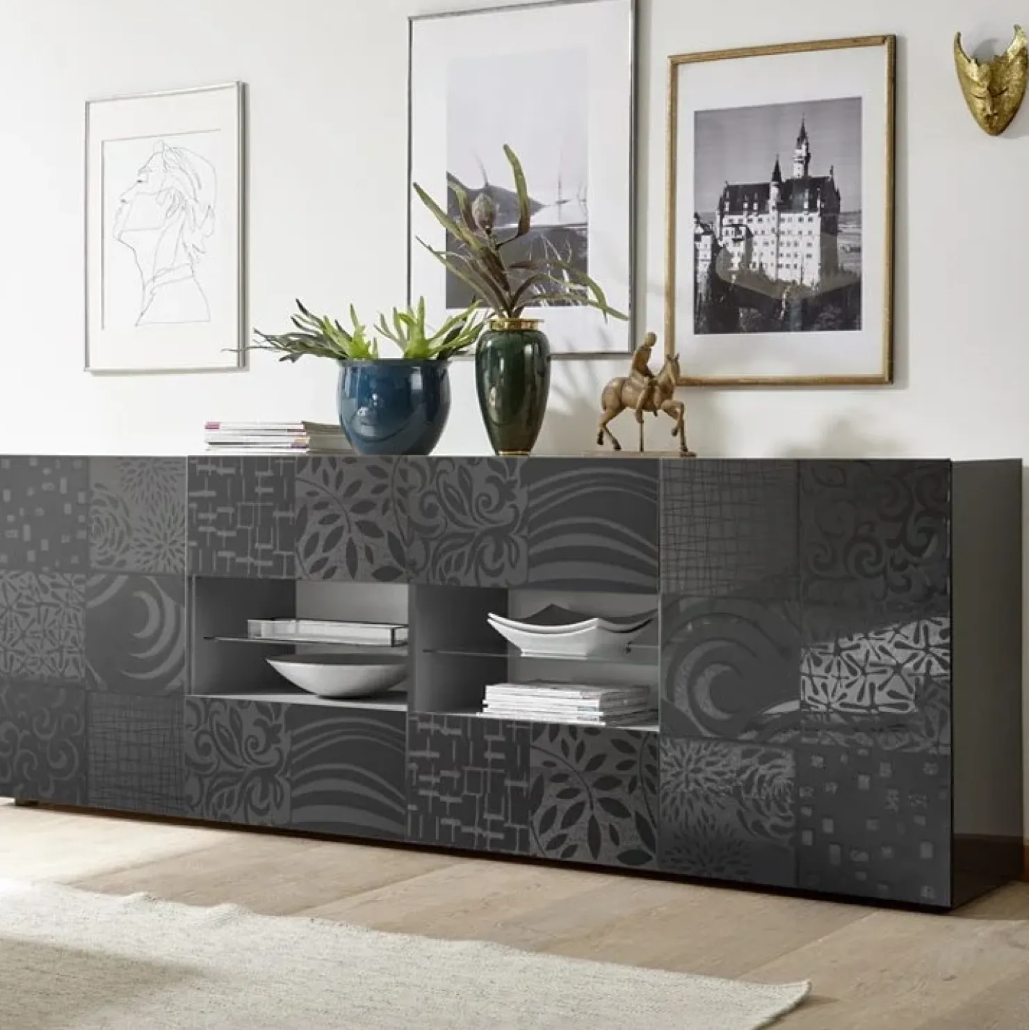 Garnero Arredamenti Madia 241x84h cm 2 ante 4 cassetti moderna grigio lucido Paradise Antracite Hot