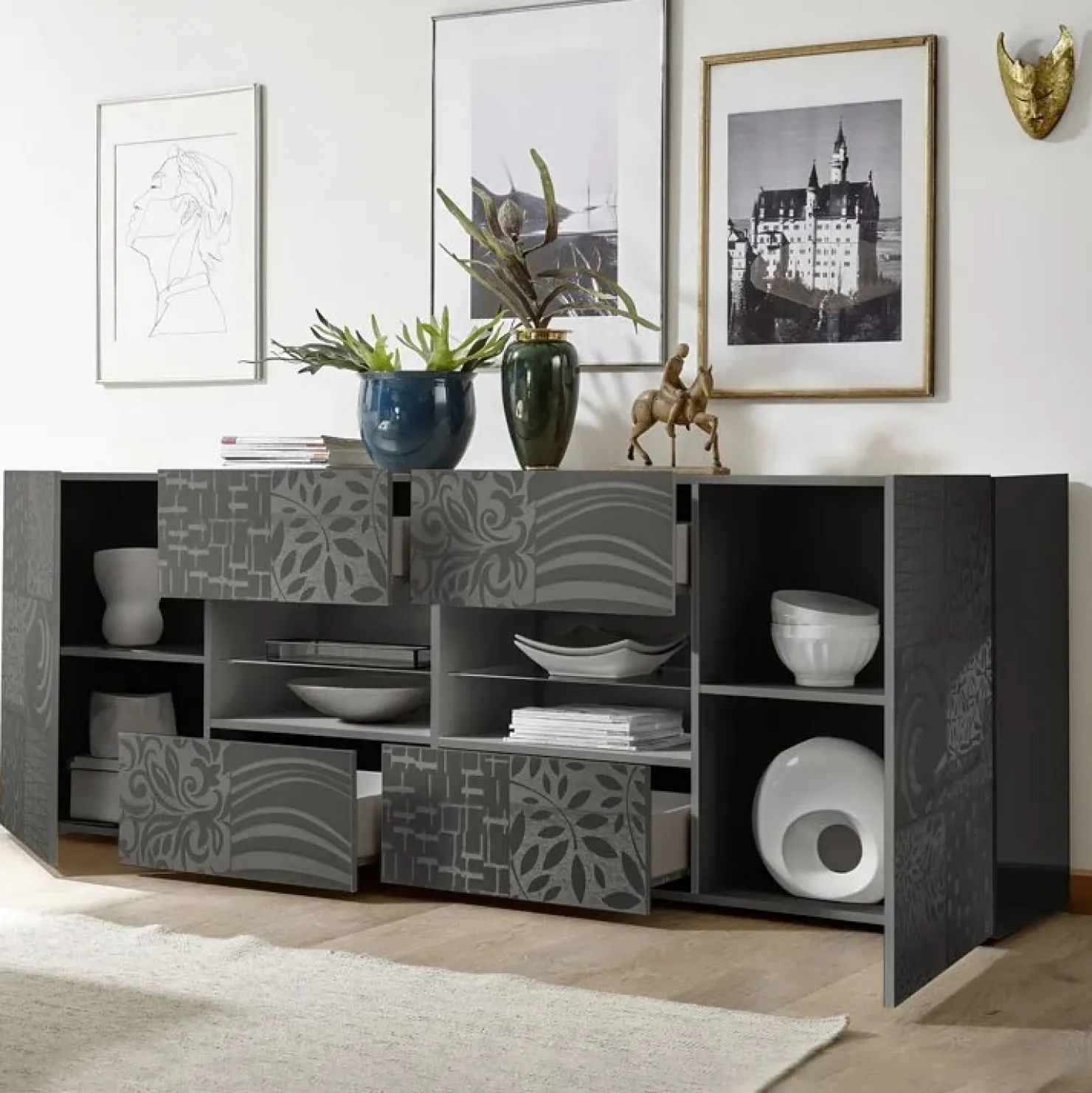 Garnero Arredamenti Madia 241x84h cm 2 ante 4 cassetti moderna grigio lucido Paradise Antracite Hot