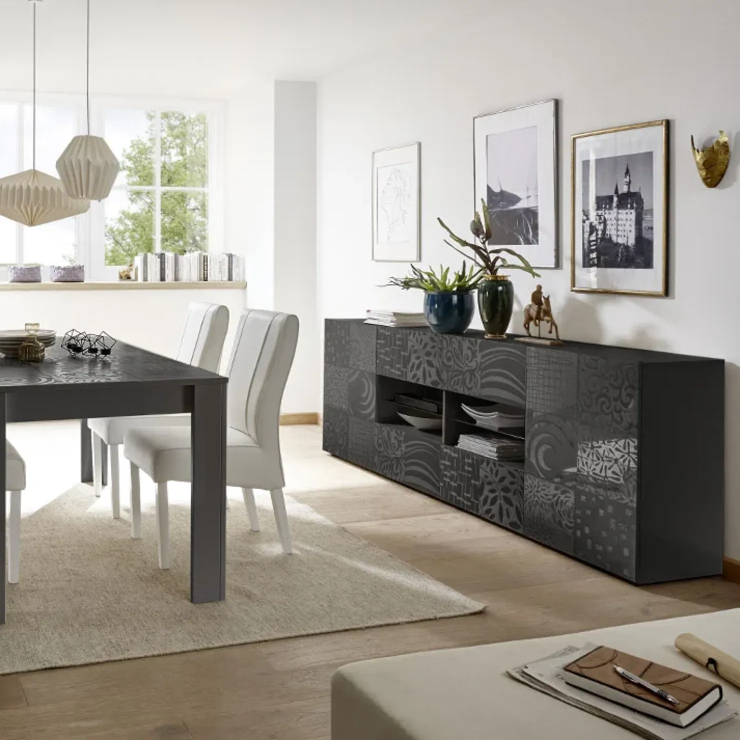 Garnero Arredamenti Madia 241x84h cm 2 ante 4 cassetti moderna grigio lucido Paradise Antracite Hot