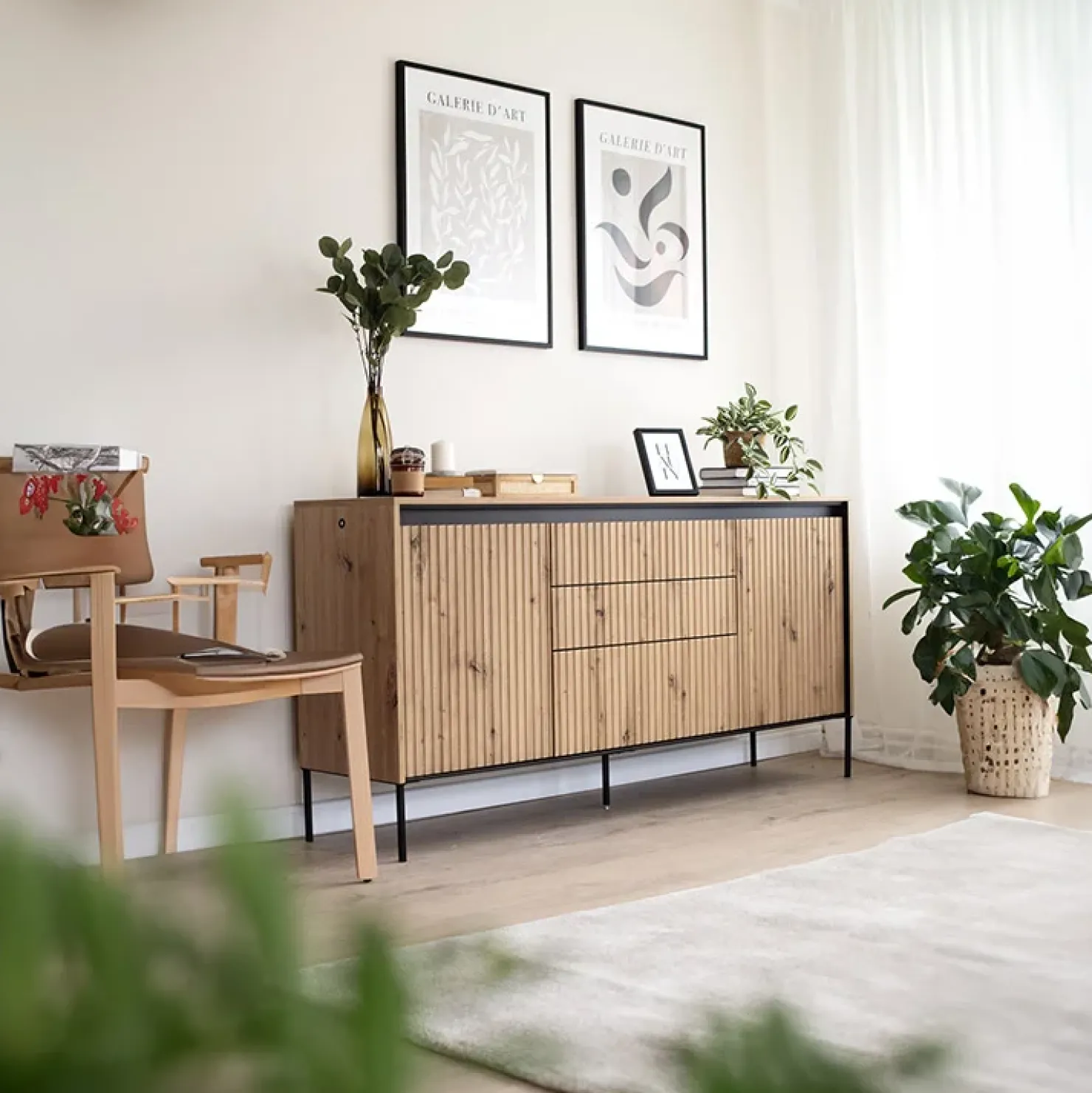 Garnero Arredamenti Madia 166x83h cm 2 ante 3 cassetti con led cannettato nero Camelia Rovere Rustico Discount