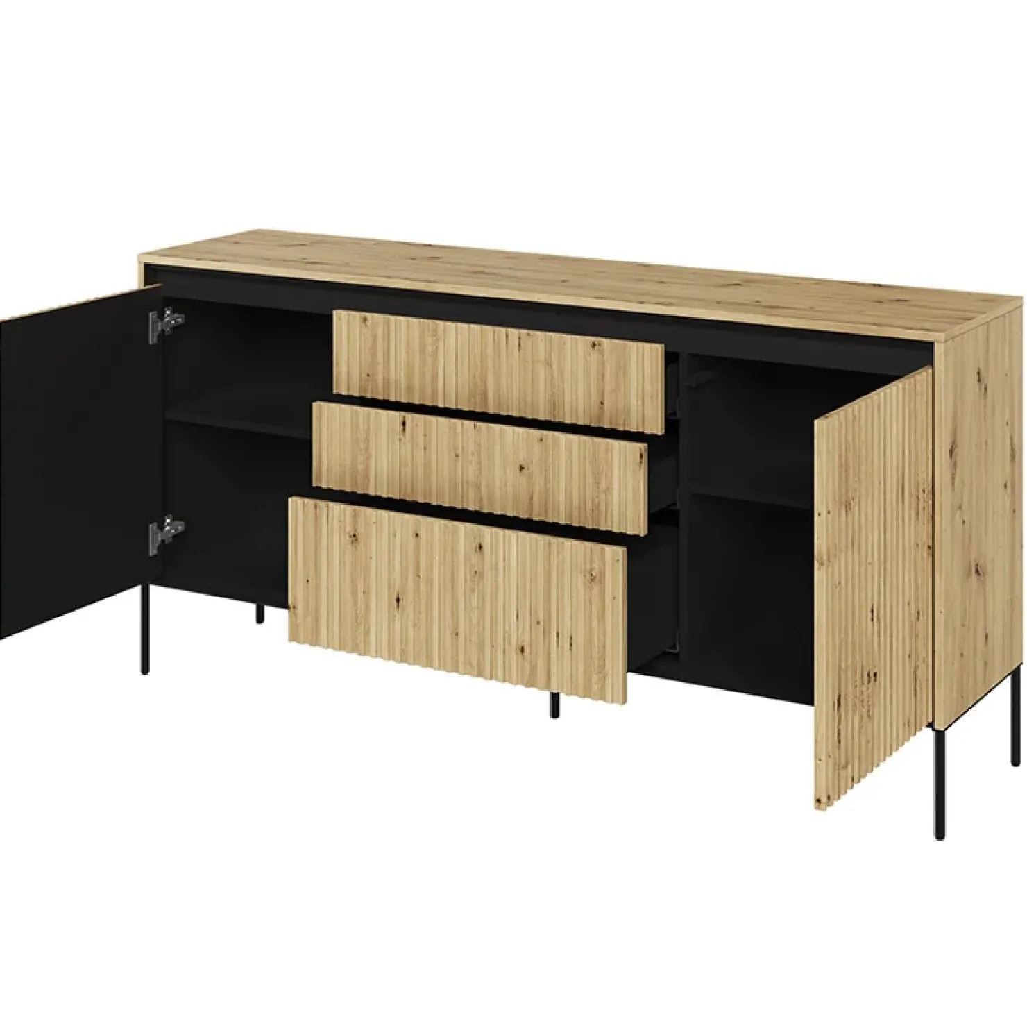 Garnero Arredamenti Madia 166x83h cm 2 ante 3 cassetti con led cannettato nero Camelia Rovere Rustico Discount