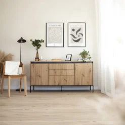 Garnero Arredamenti Madia 166x83h cm 2 ante 3 cassetti con led cannettato nero Camelia Rovere Rustico Discount