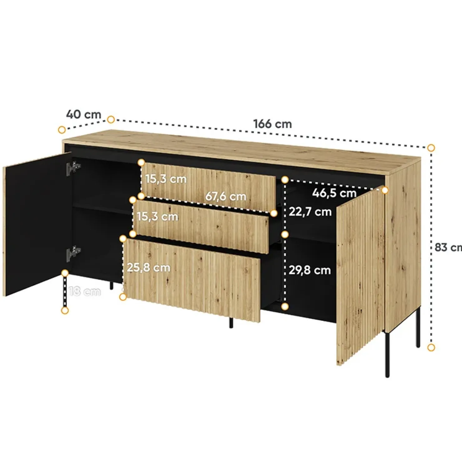 Garnero Arredamenti Madia 166x83h cm 2 ante 3 cassetti con led cannettato nero Camelia Rovere Rustico Discount