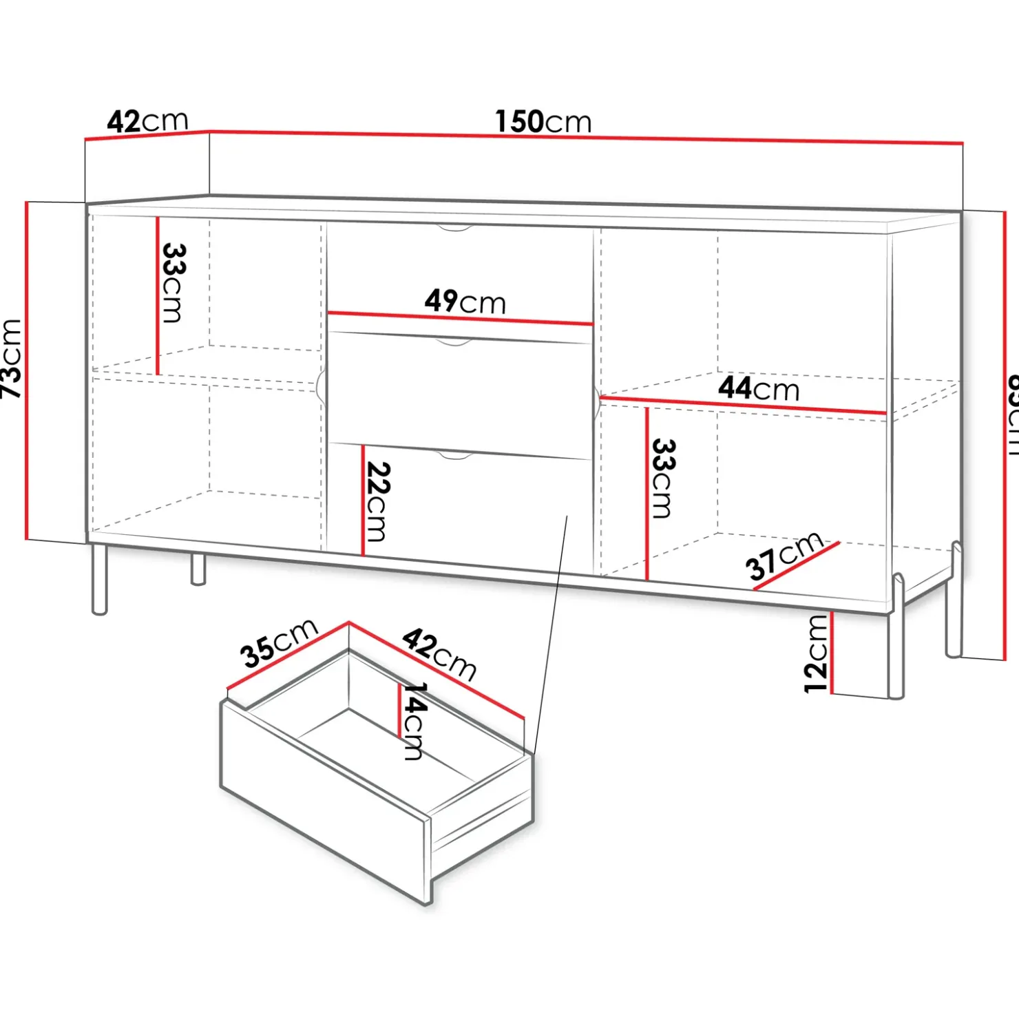 Garnero Arredamenti Madia 150x85h cm 2 ante 3 cassetti con frontali decorati bianco Amsterdam Outlet