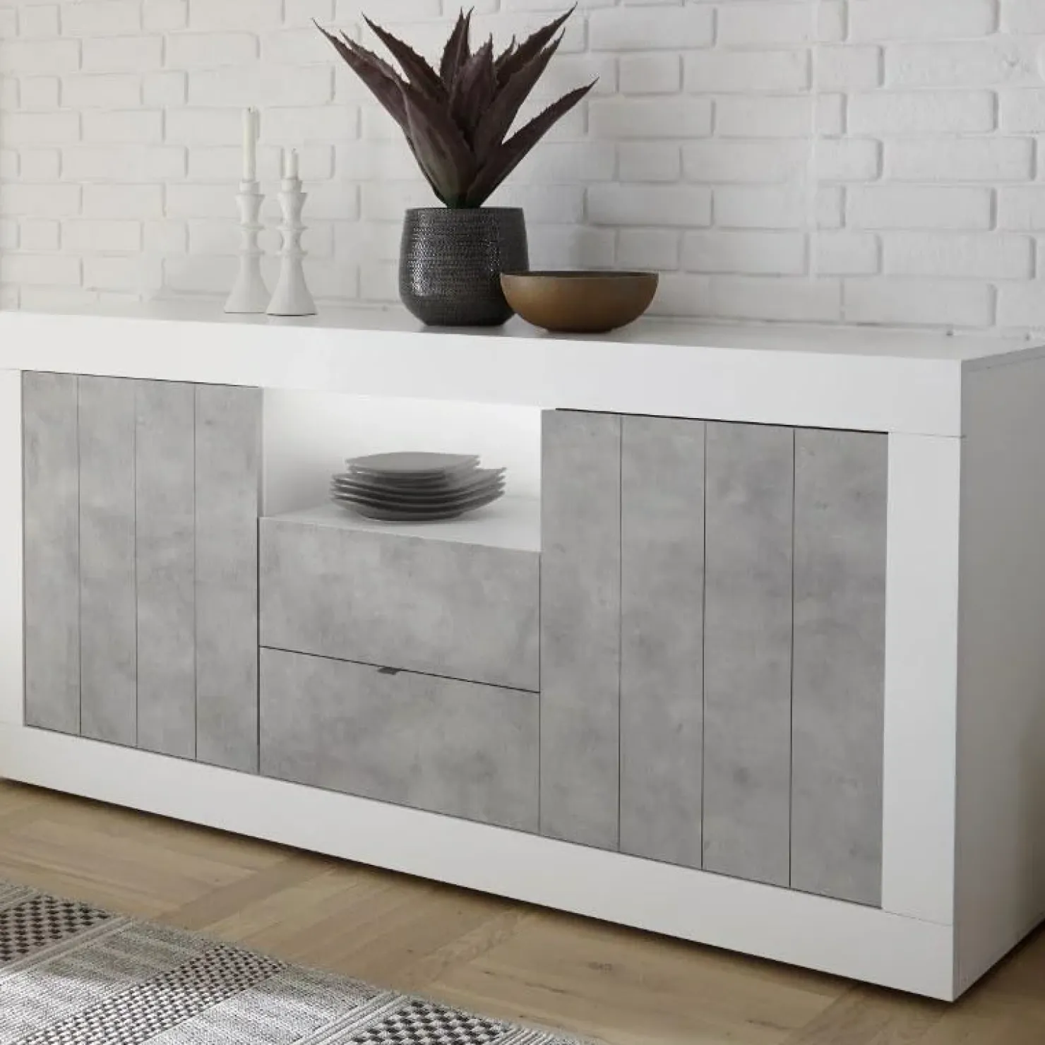 Garnero Arredamenti Madia 184x86h cm 2 ante 2 cassetti bianco lucido cemento Florena Bianco Lucido - Cemento New