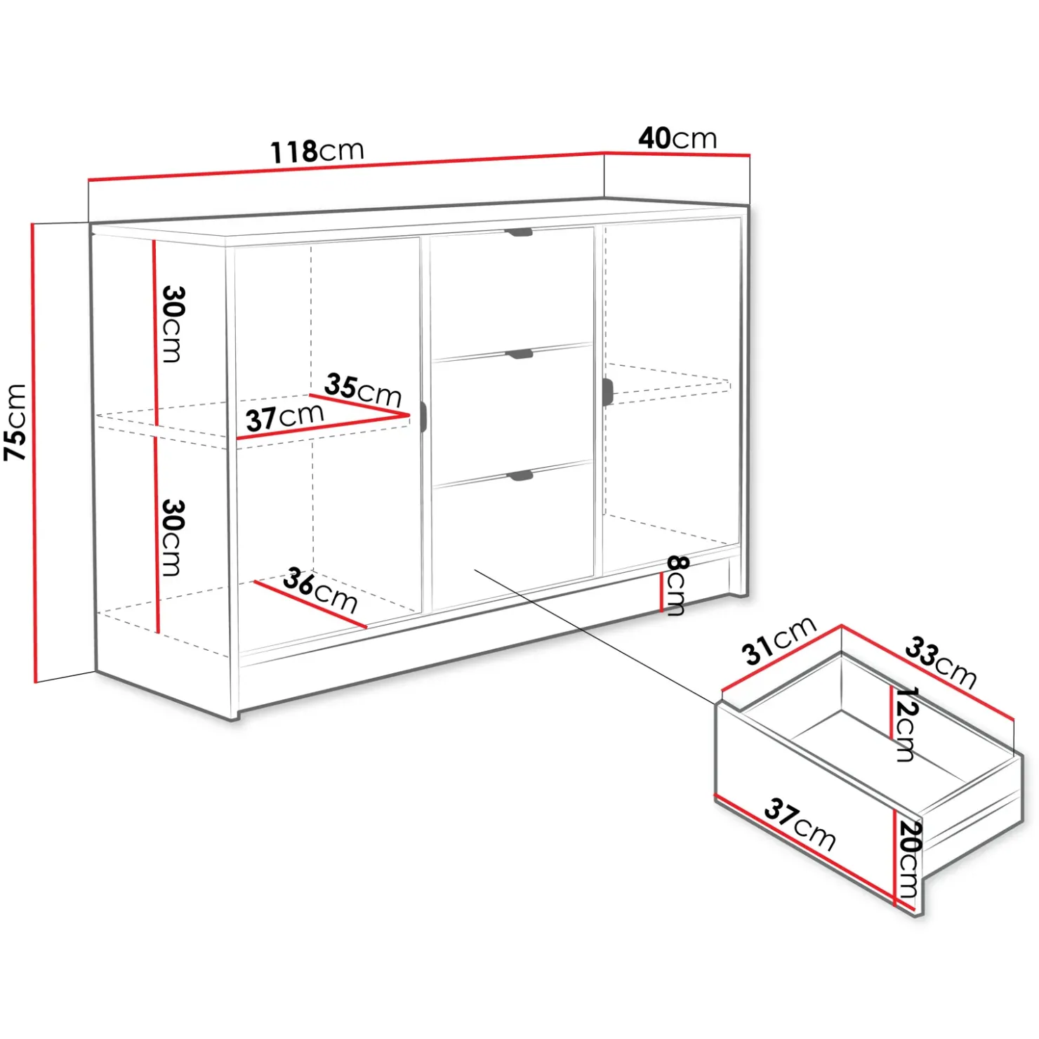 Garnero Arredamenti Madia 118x75h cm 2 ante 3 cassetti cannettato nero Athena Nero Opaco Discount