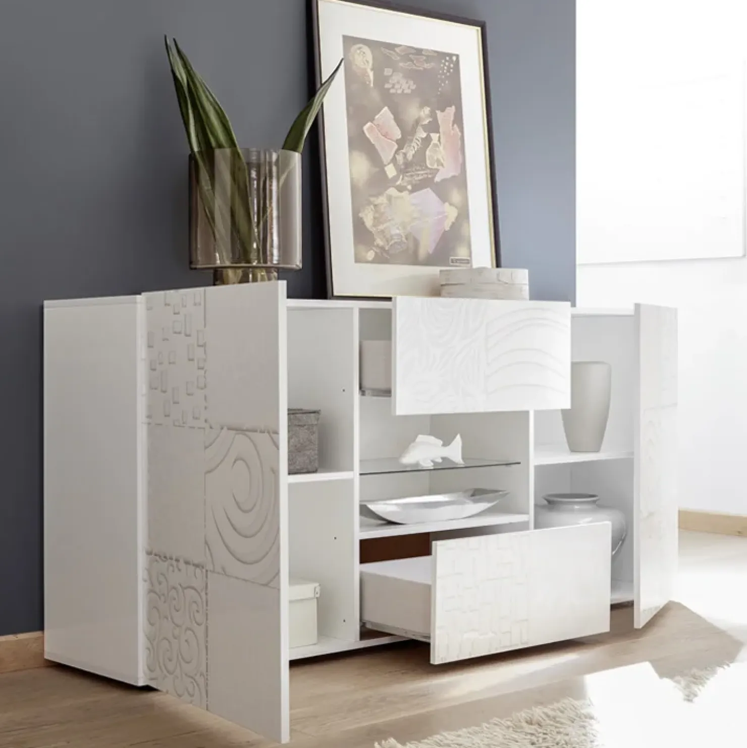 Garnero Arredamenti Madia 181x84h cm 2 ante 2 cassetti moderna con serigrafia Paradise Bianco Lucido Sale