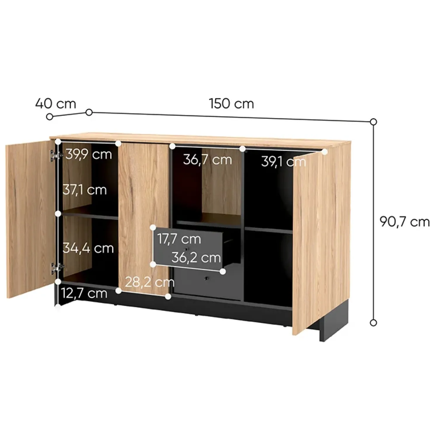 Garnero Arredamenti Madia 150x91h cm 2 ante 1 cassetto 1 vano giorno rovere nero Alabaster
