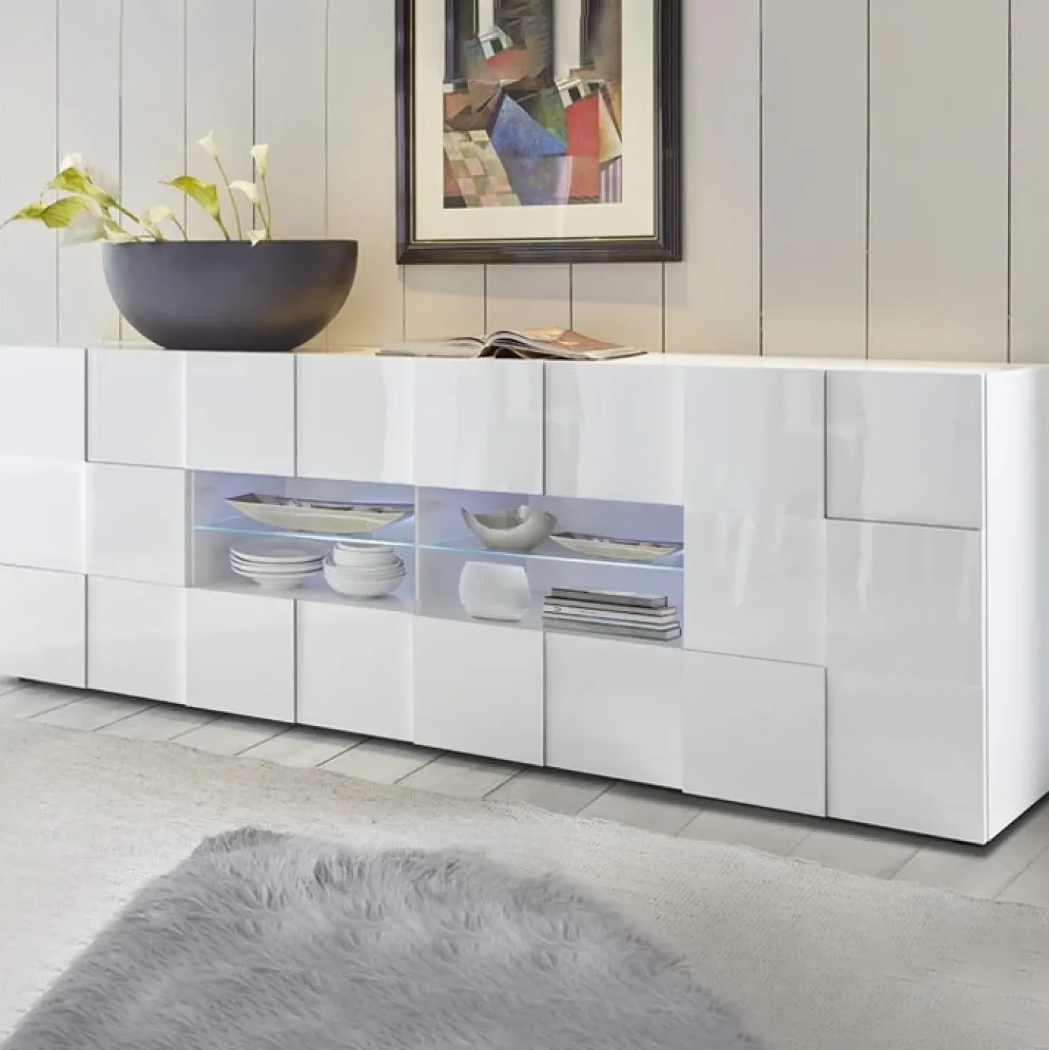 Garnero Arredamenti Madia 241x84h cm 2 ante 4 cassetti moderna Obsession Bianco Lucido Best