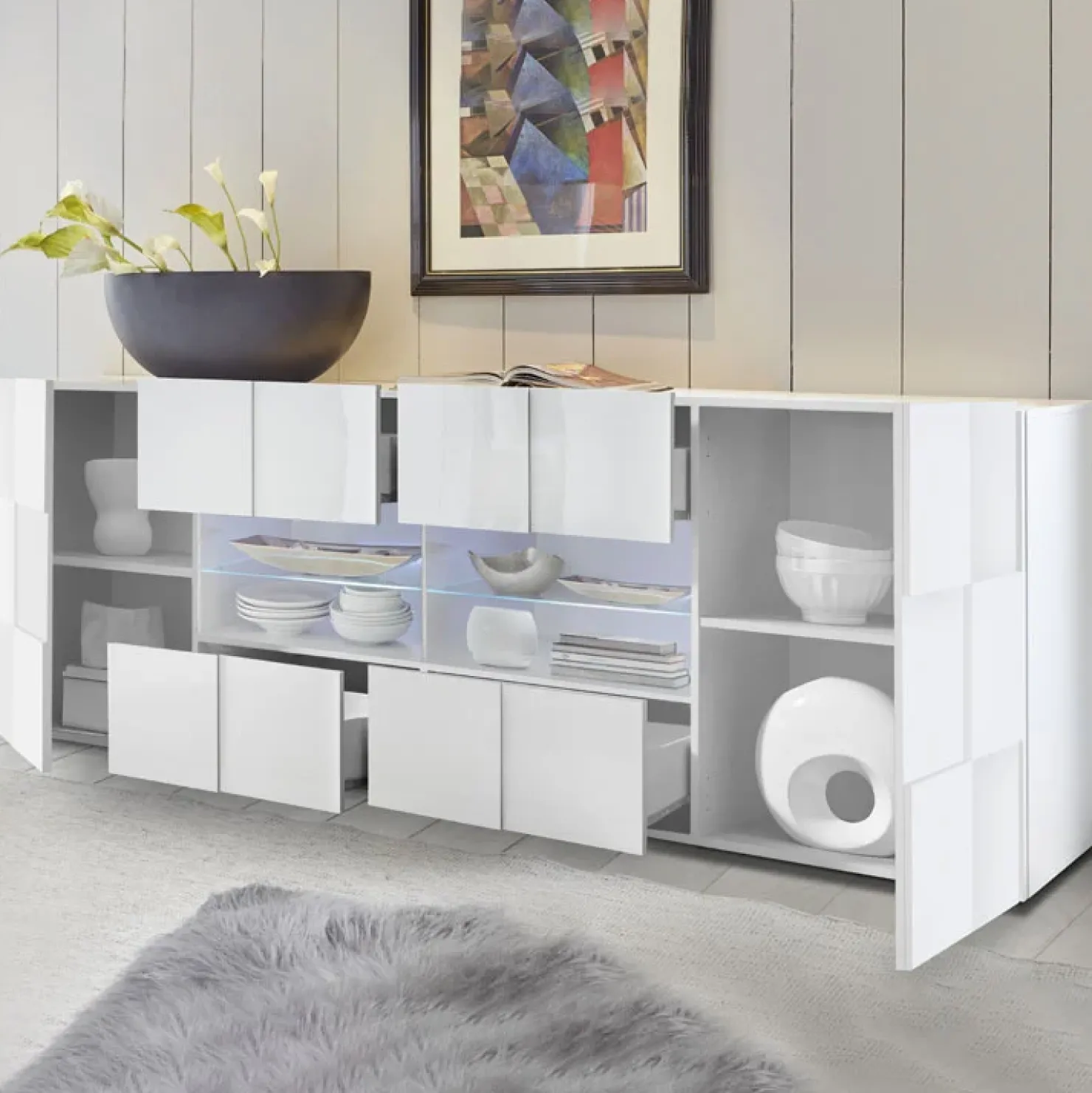 Garnero Arredamenti Madia 241x84h cm 2 ante 4 cassetti moderna Obsession Bianco Lucido Best