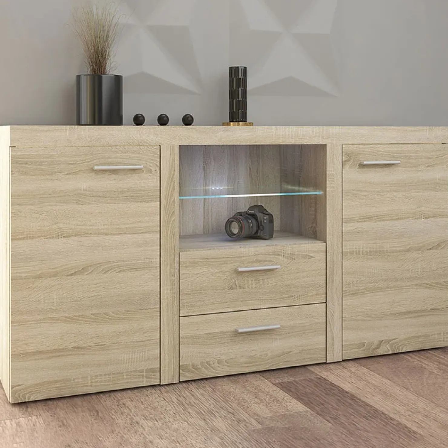 Garnero Arredamenti Madia 157x82h cm 2 ante 2 cassetti moderna con led chiaro Haarlem Rovere Best