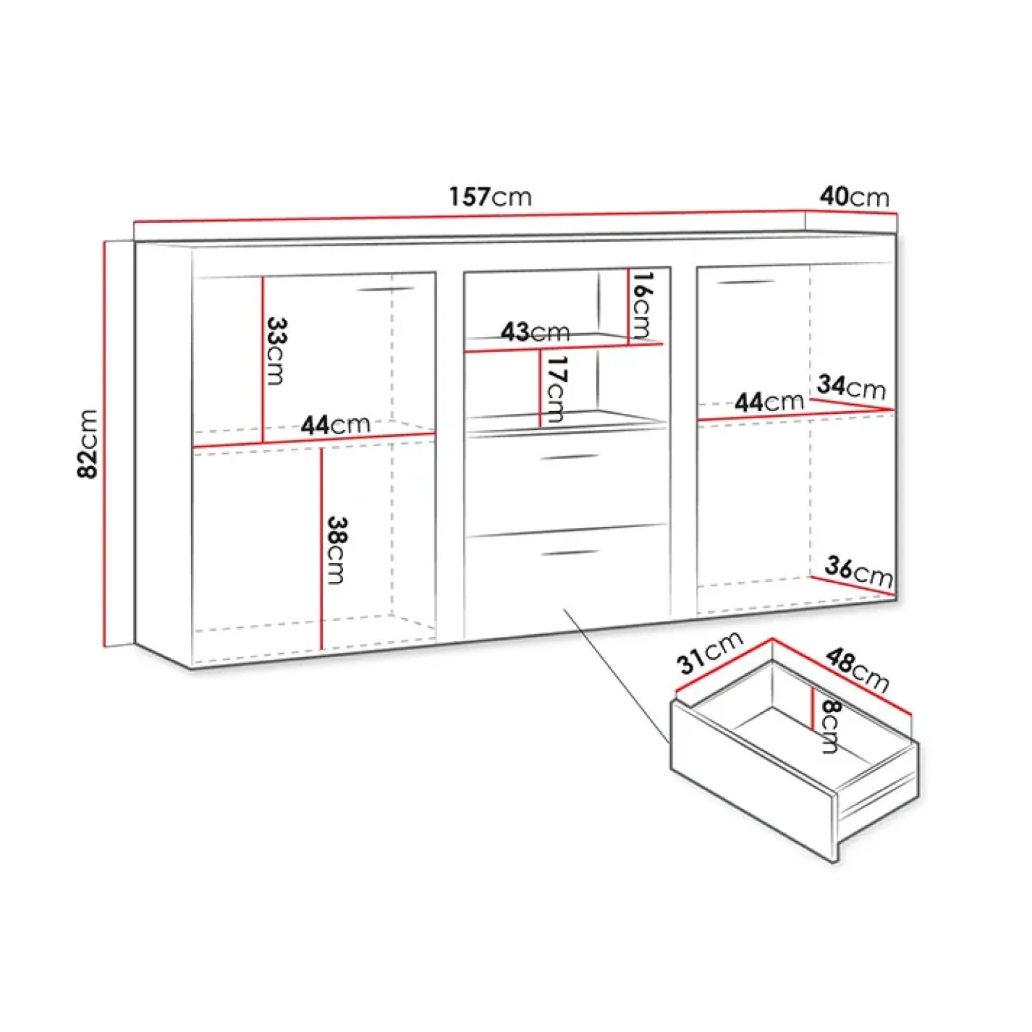 Garnero Arredamenti Madia 157x82h cm 2 ante 2 cassetti moderna con led chiaro Haarlem Rovere Best