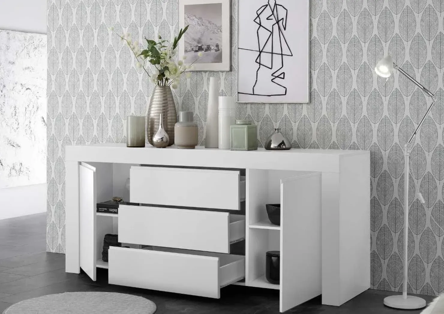 Garnero Arredamenti Madia 184x81h cm 2 ante 3 cassetti moderna Halston Bianco Opaco Online