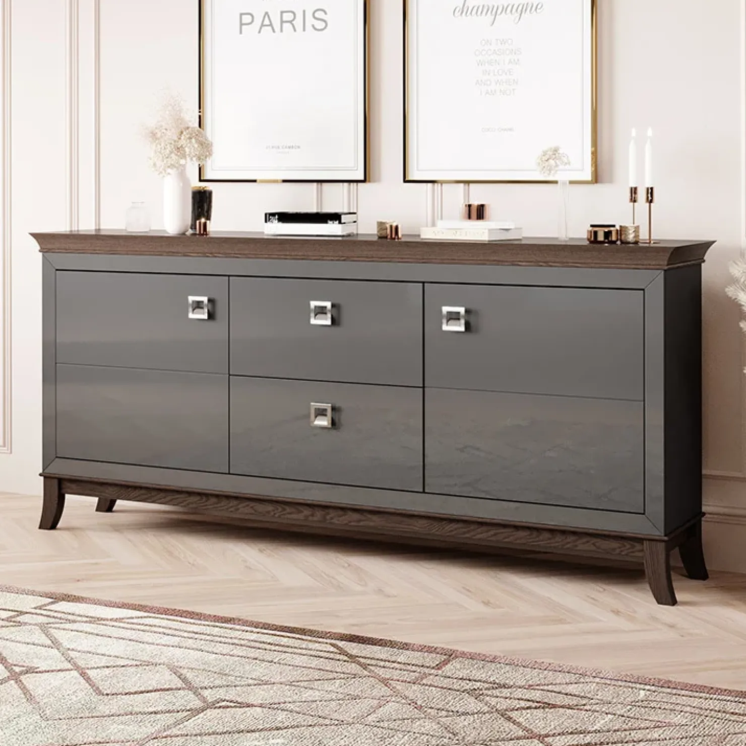 Garnero Arredamenti Madia 180x92h cm 2 ante 2 cassetti design moderno antracite lucido rovere scuro Umag Antracite - Wengè Online