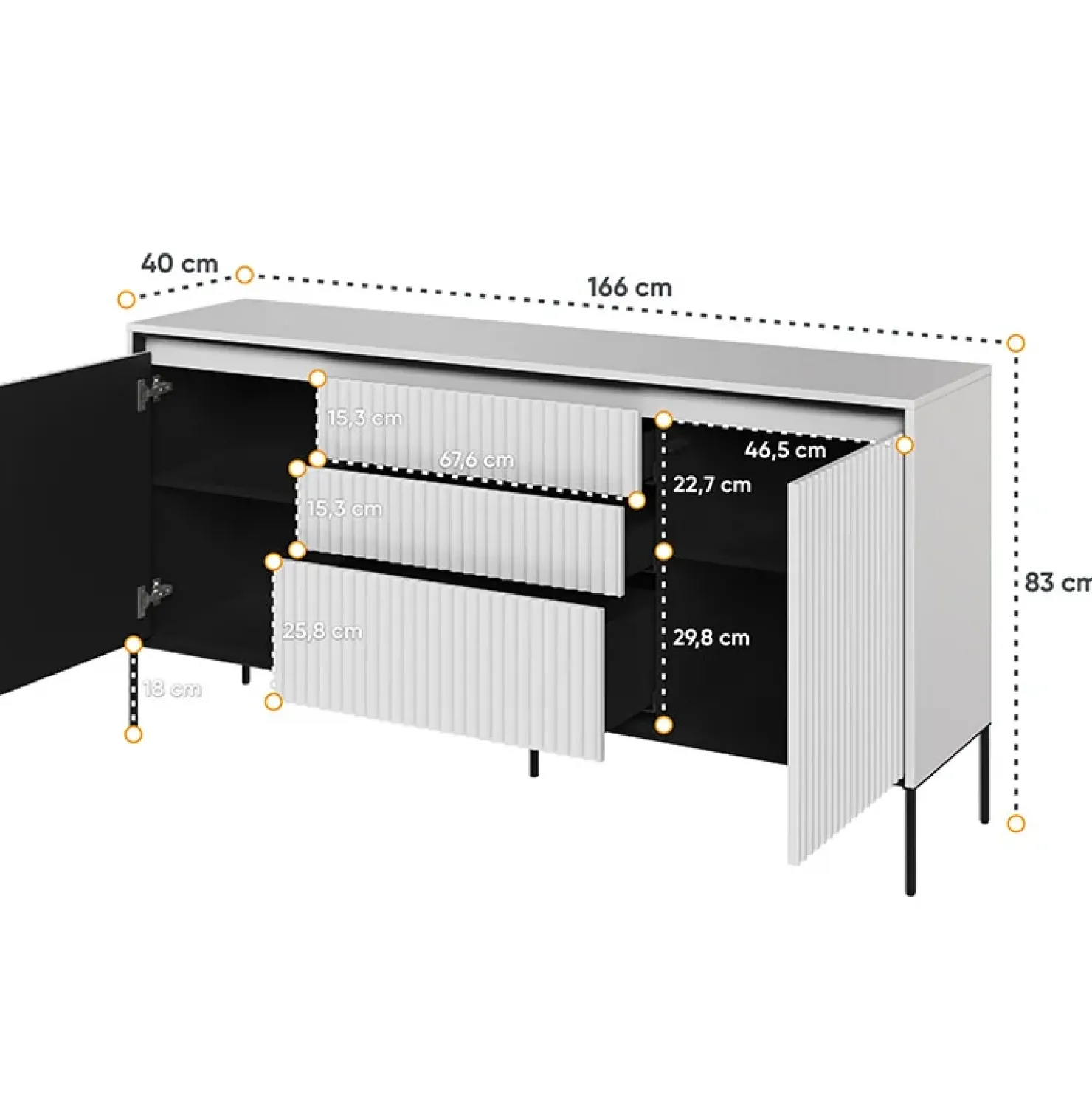 Garnero Arredamenti Madia 166x83h cm 2 ante 3 cassetti con led cannettato nero Camelia Bianco Opaco New