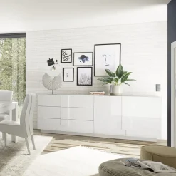 Garnero Arredamenti Madia 241x90h cm 2 ante 3 cassetti moderna bianco laccato lucido Alvarez Bianco Lucido Outlet