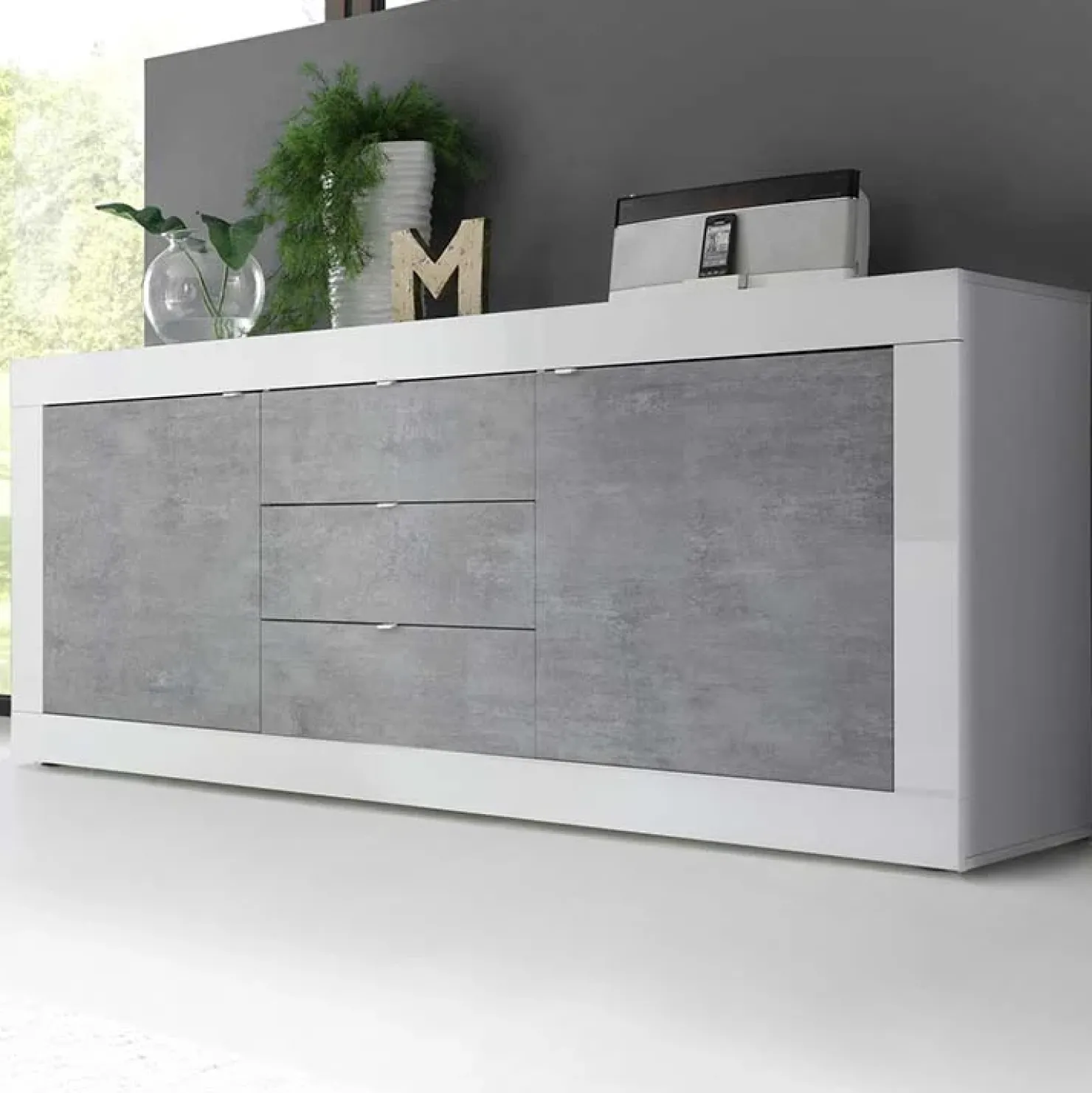 Garnero Arredamenti Madia 210x86h cm 2 ante 3 cassetti moderna bianco lucido cemento Eternity Cemento - Bianco Lucido Outlet