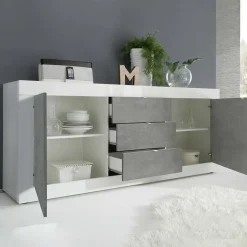 Garnero Arredamenti Madia 210x86h cm 2 ante 3 cassetti moderna bianco lucido cemento Eternity Cemento - Bianco Lucido Outlet