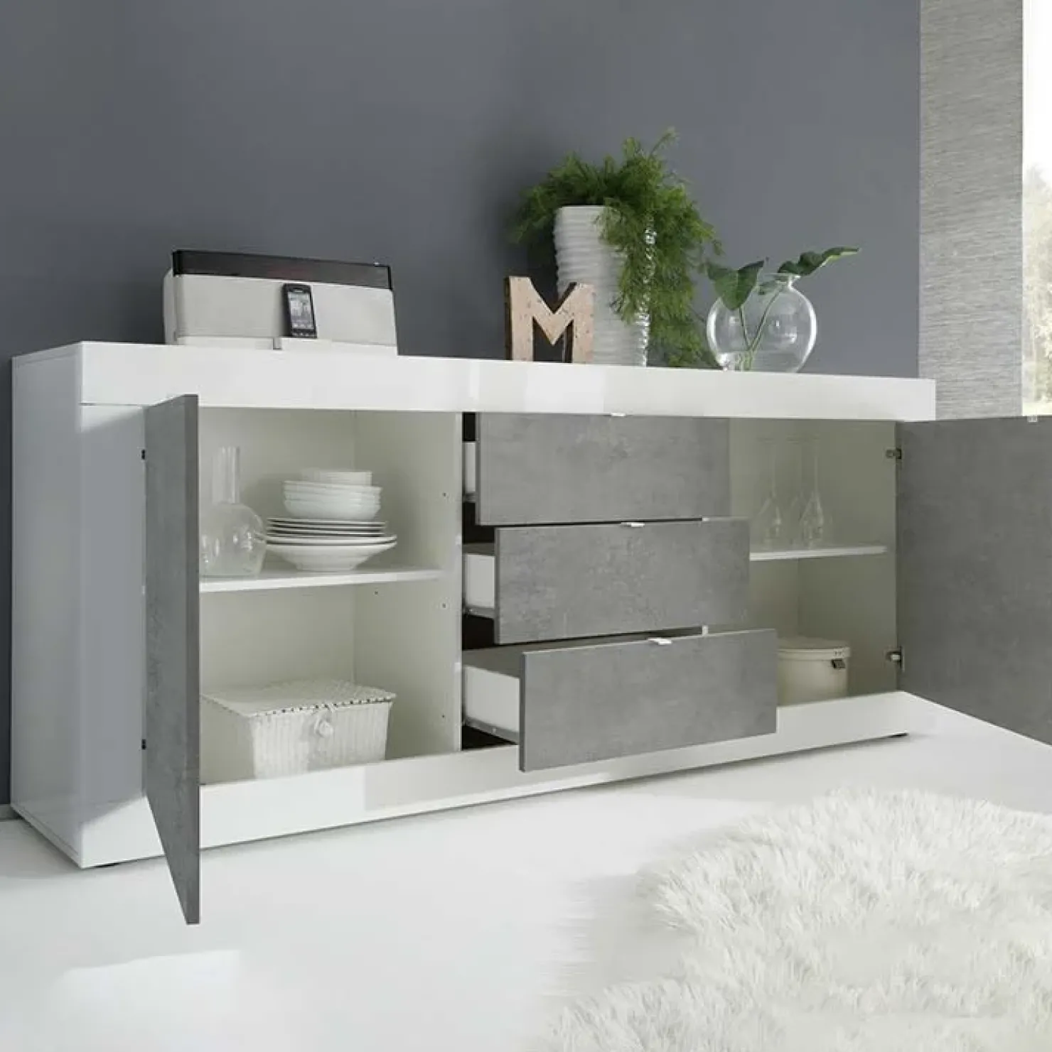 Garnero Arredamenti Madia 210x86h cm 2 ante 3 cassetti moderna bianco lucido cemento Eternity Cemento - Bianco Lucido Outlet