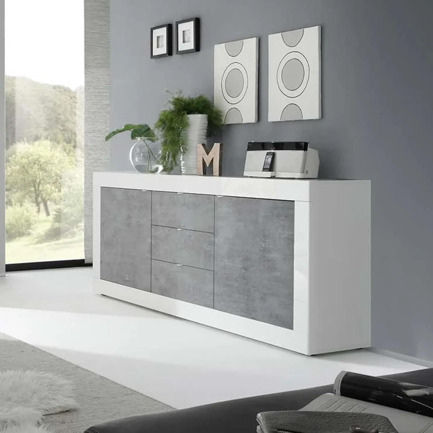 Garnero Arredamenti Madia 210x86h cm 2 ante 3 cassetti moderna bianco lucido cemento Eternity Cemento - Bianco Lucido Outlet