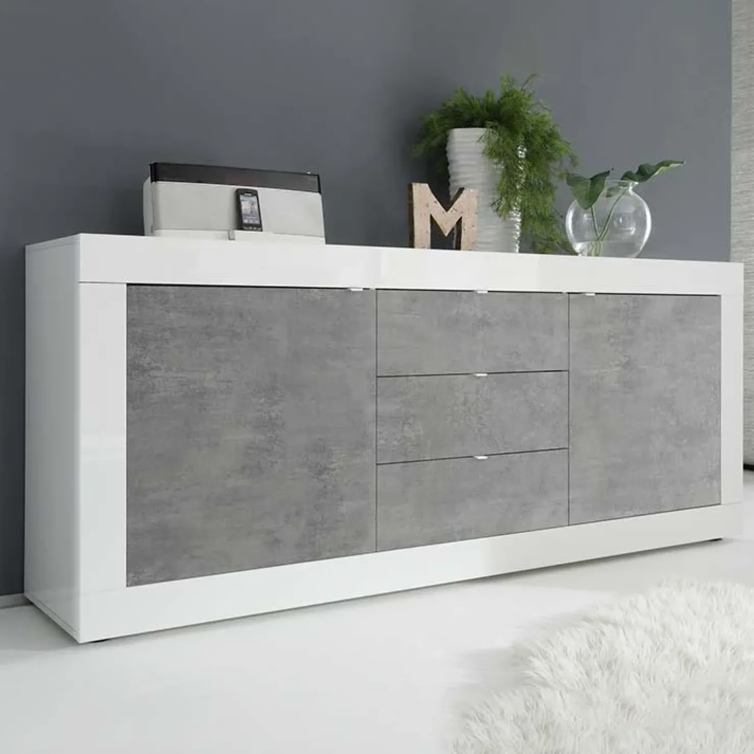 Garnero Arredamenti Madia 210x86h cm 2 ante 3 cassetti moderna bianco lucido cemento Eternity Cemento - Bianco Lucido Outlet