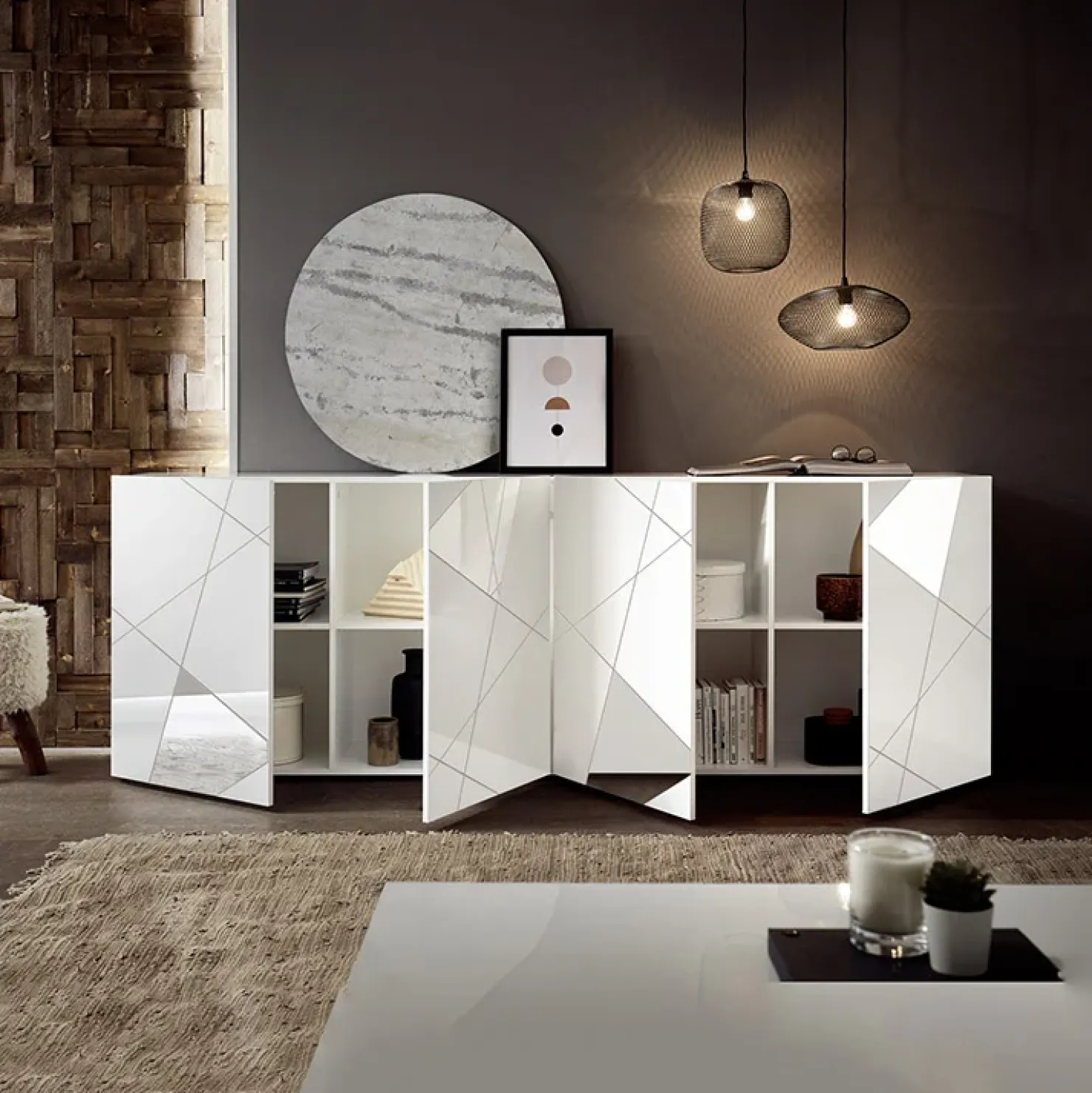 Garnero Arredamenti Madia 241x84h cm 4 ante con specchio e serigrafia Olimpo Bianco Lucido Discount