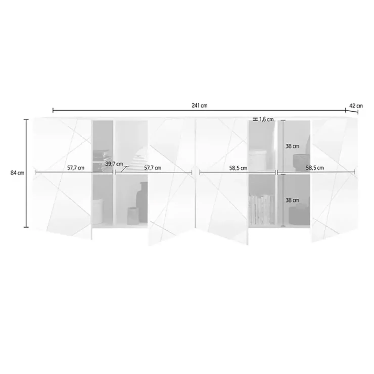 Garnero Arredamenti Madia 241x84h cm 4 ante con specchio e serigrafia Olimpo Bianco Lucido Discount