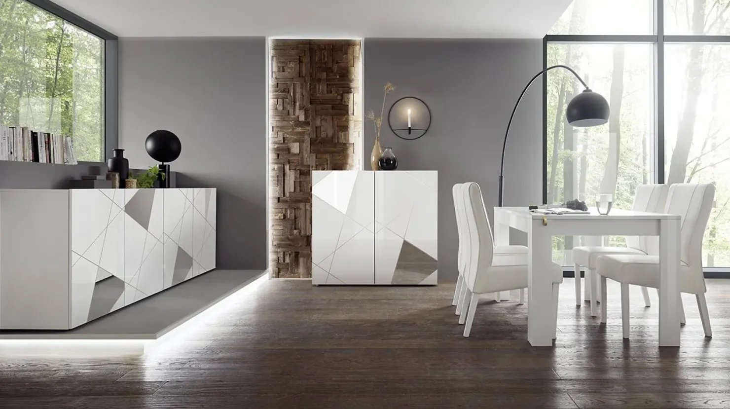 Garnero Arredamenti Madia 241x84h cm 4 ante con specchio e serigrafia Olimpo Bianco Lucido Discount