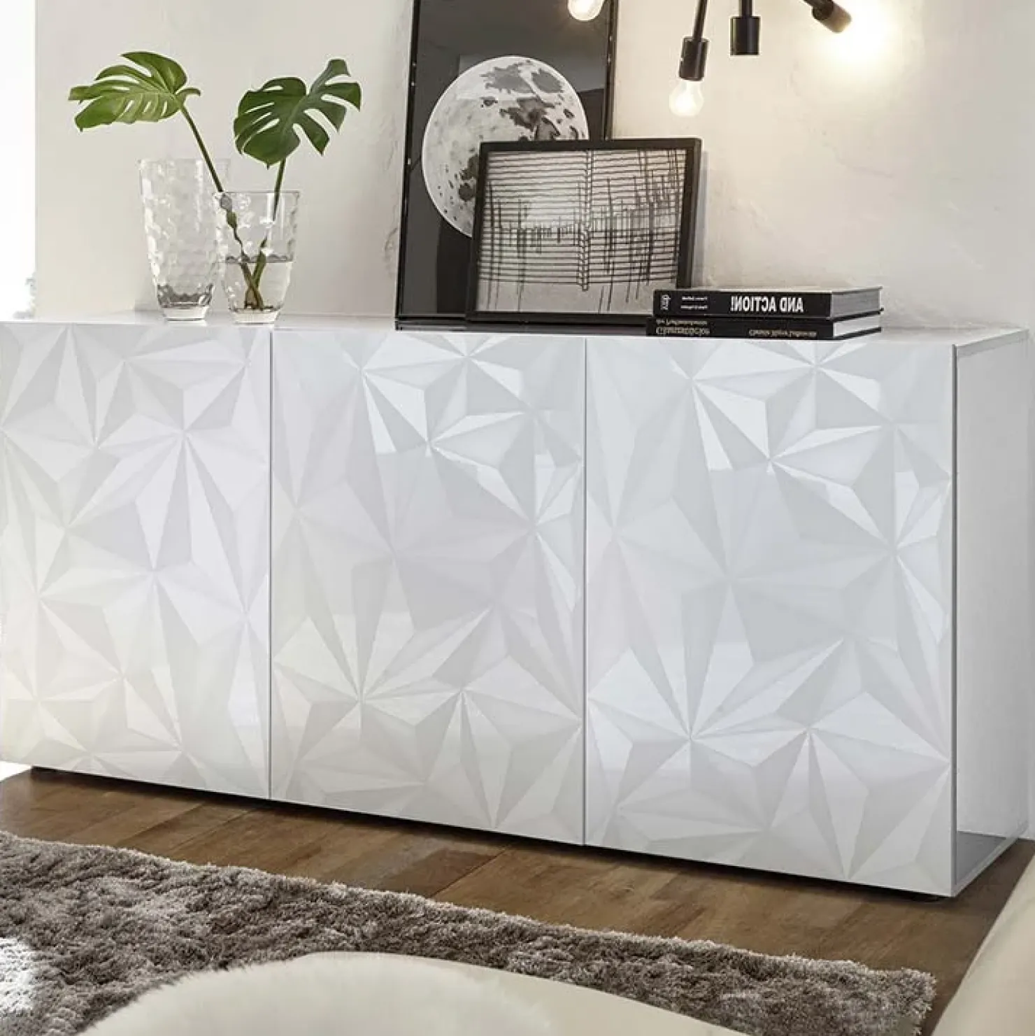 Garnero Arredamenti Madia 181x84h cm 3 ante laccato con serigrafia Marvis Bianco Lucido Clearance