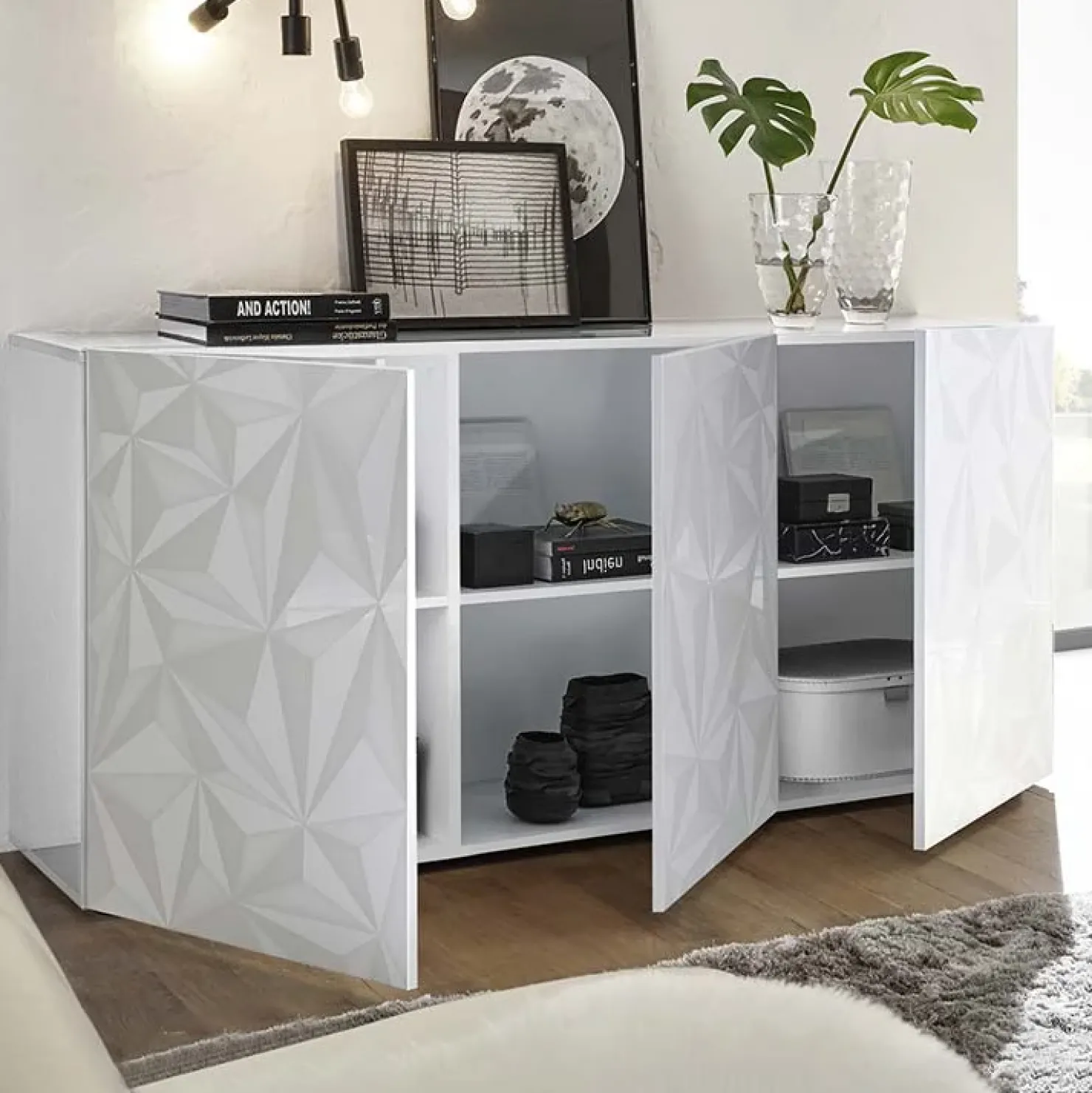 Garnero Arredamenti Madia 181x84h cm 3 ante laccato con serigrafia Marvis Bianco Lucido Clearance