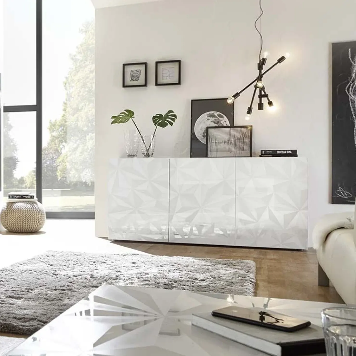 Garnero Arredamenti Madia 181x84h cm 3 ante laccato con serigrafia Marvis Bianco Lucido Clearance