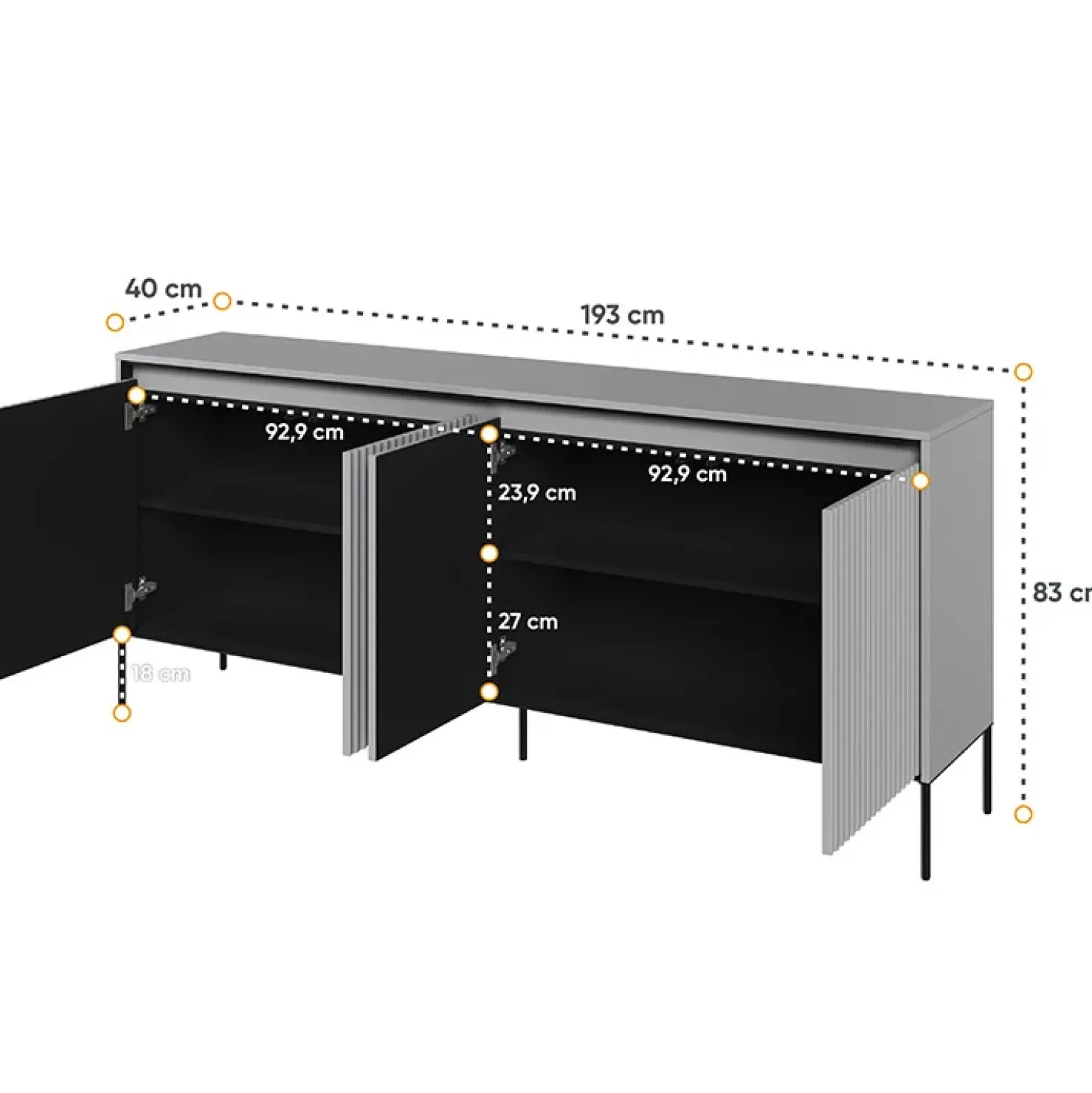 Garnero Arredamenti Madia 193x83h cm 4 ante con led cannettato nero Camelia Grigio Best